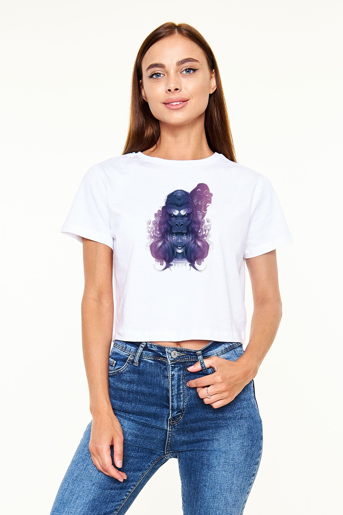 Goril Beyaz  Crop Top Tişört