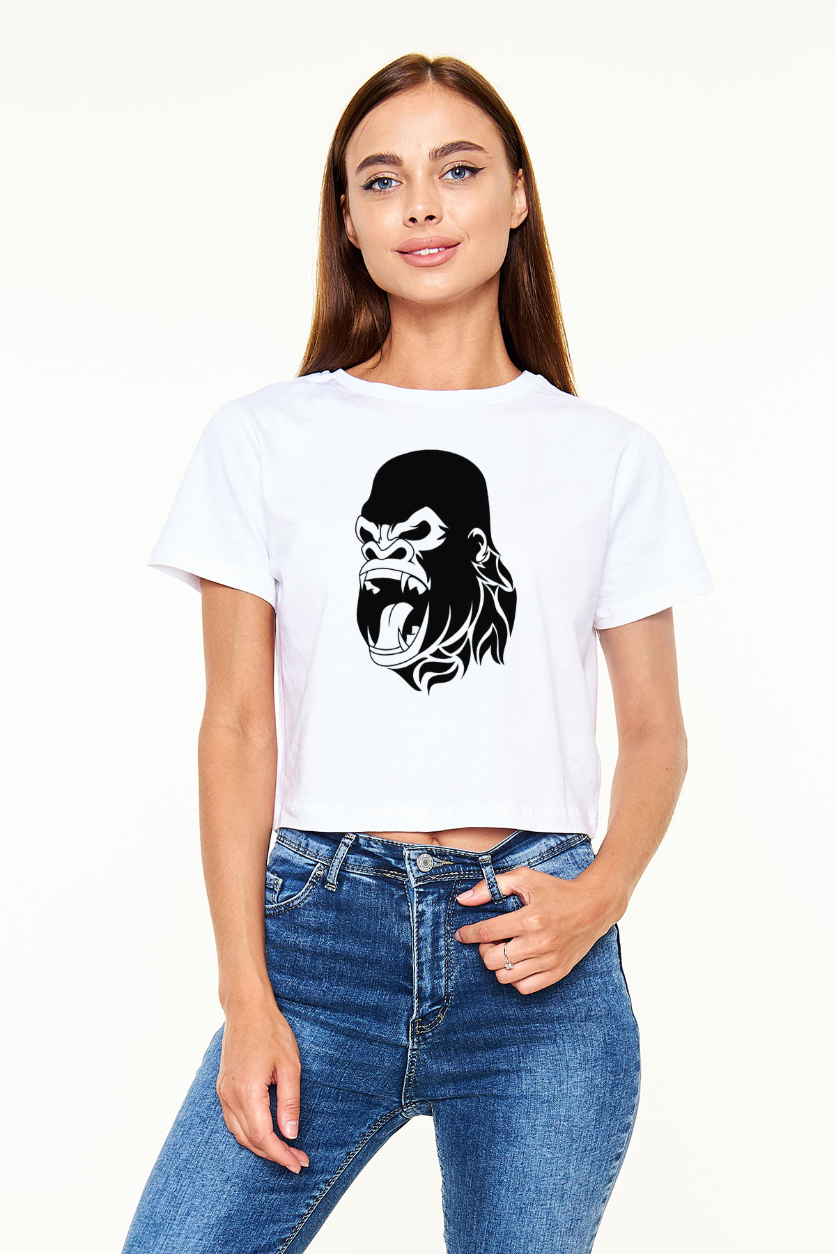Goril Beyaz  Crop Top Tişört