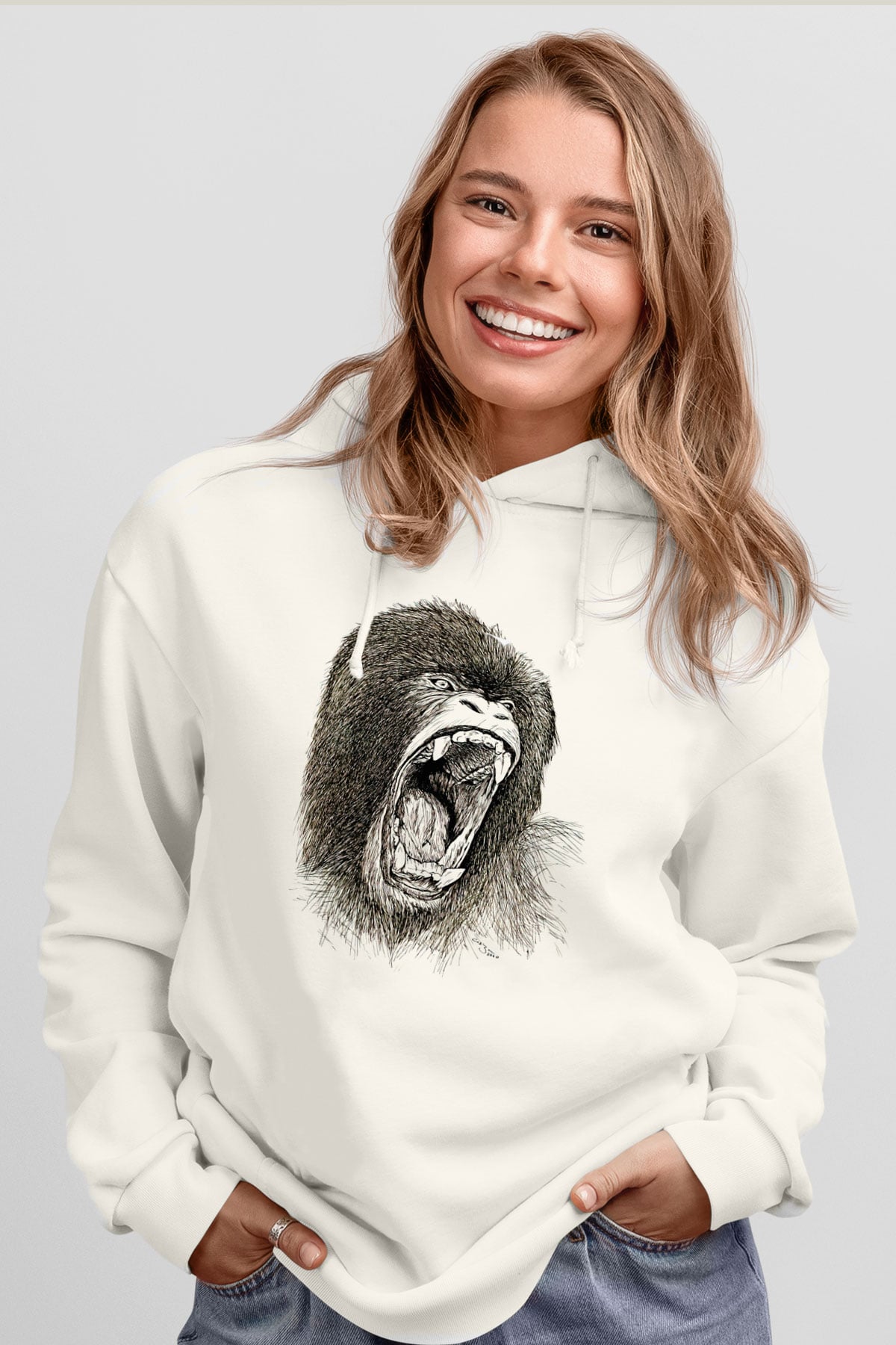 Goril Beyaz Unisex Hoodie