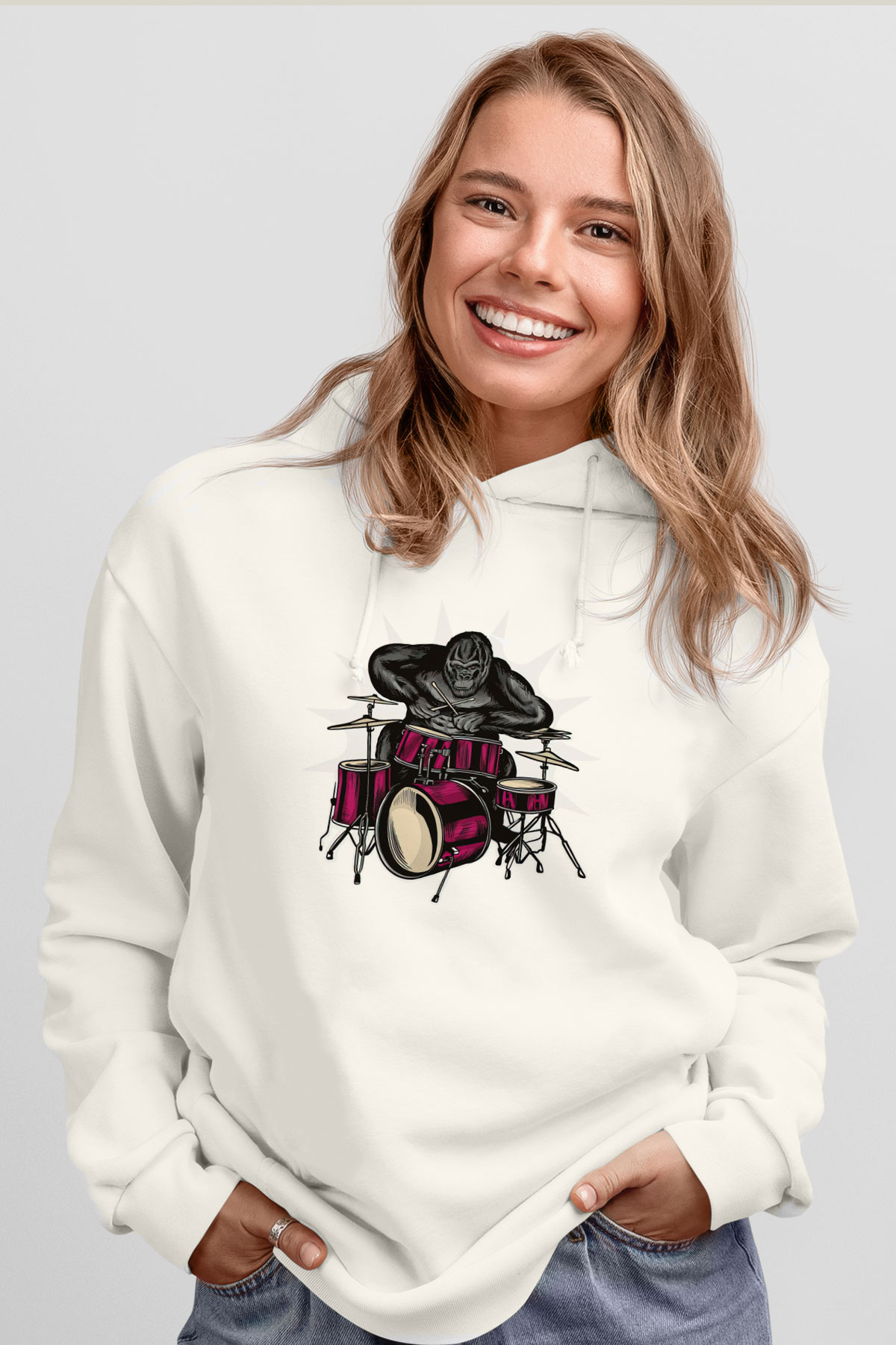 Goril Beyaz Unisex Hoodie