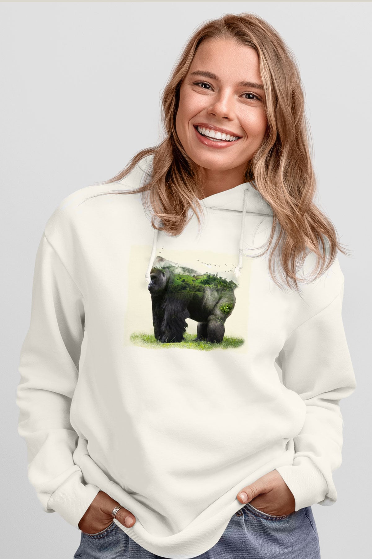 Goril Beyaz Unisex Hoodie