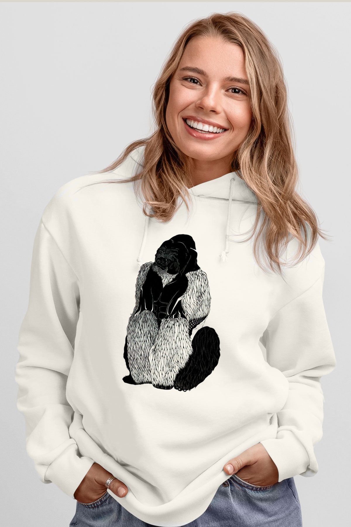 Goril Beyaz Unisex Hoodie