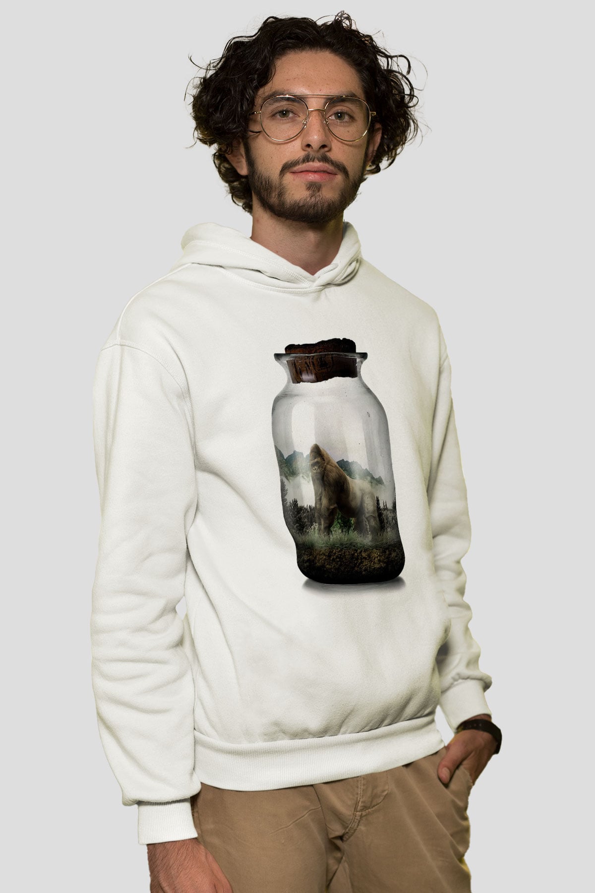 Goril Beyaz Unisex Hoodie