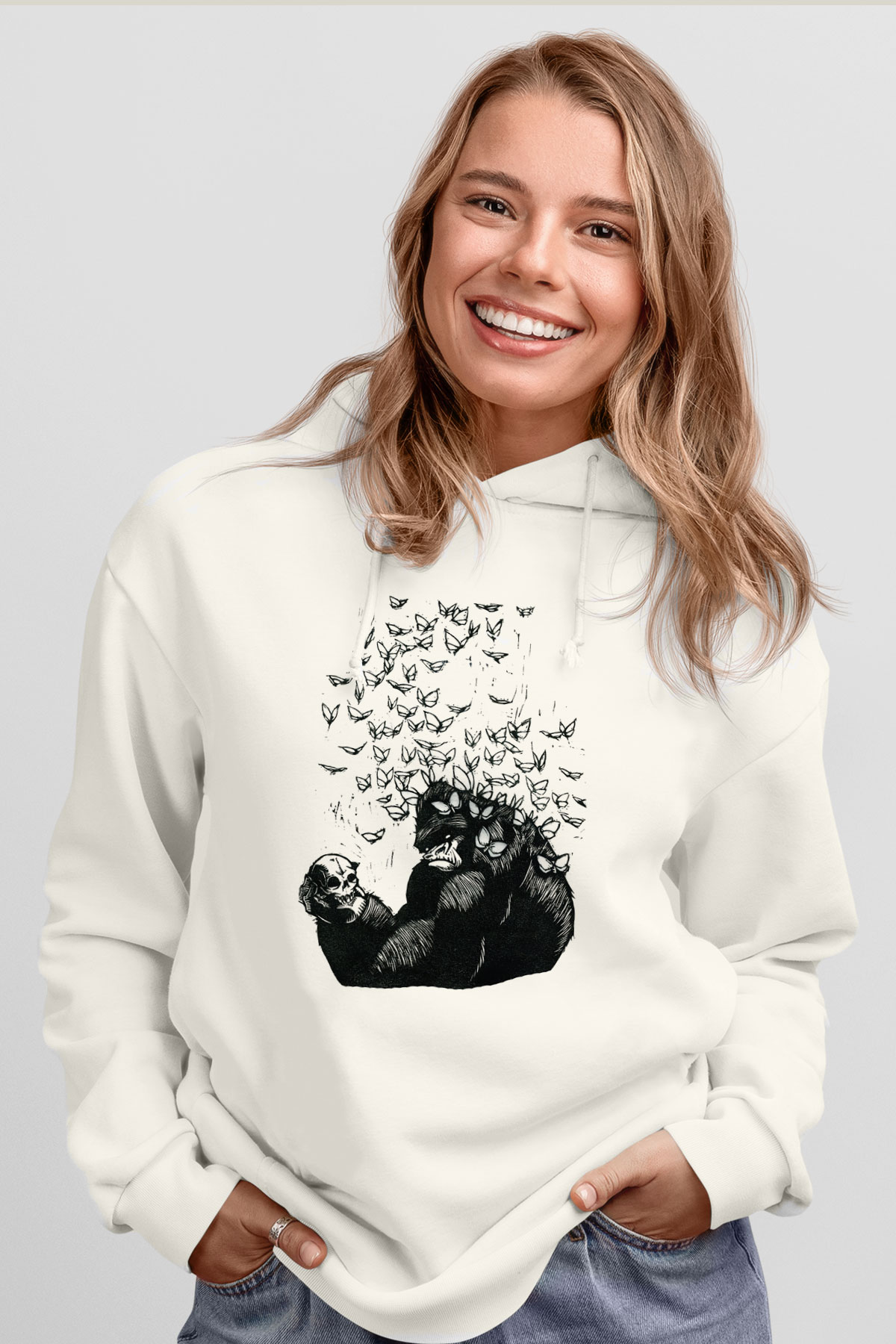 Goril Beyaz Unisex Kapşonlu Sweatshirt