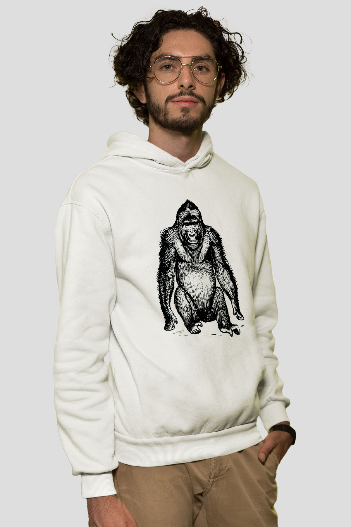 Goril Beyaz Unisex Kapşonlu Sweatshirt