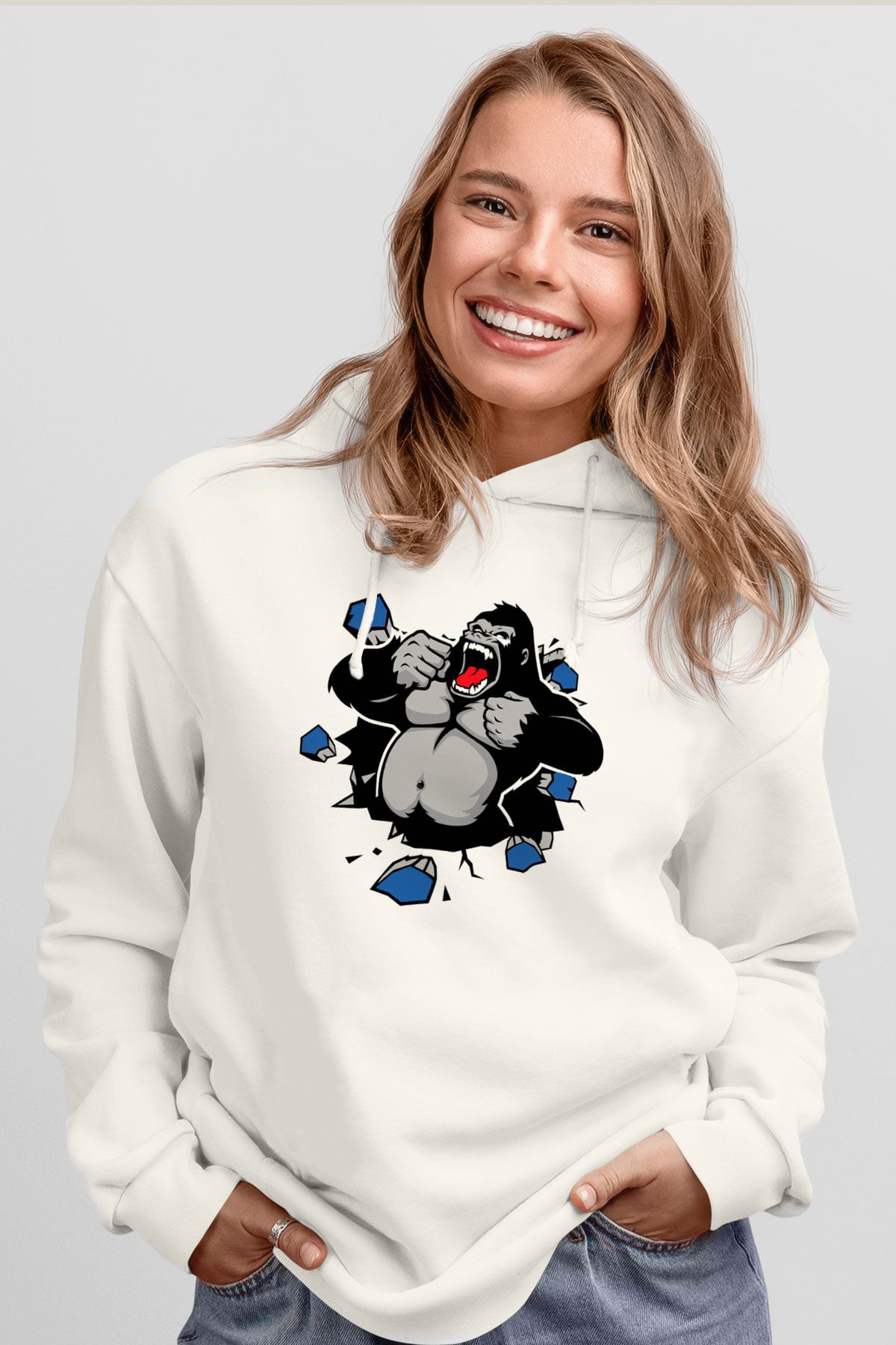 Goril Beyaz Unisex Kapşonlu Sweatshirt