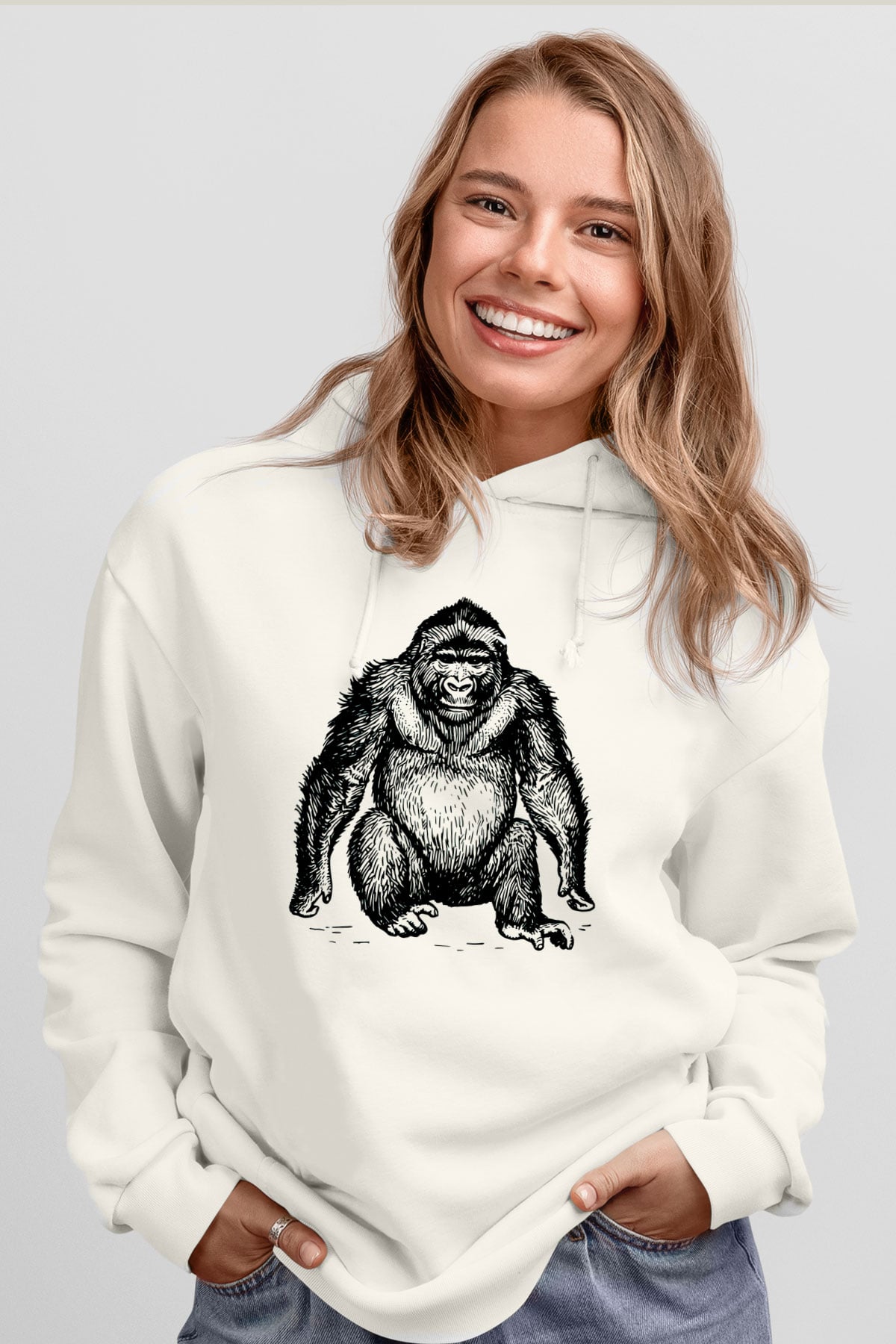 Goril Beyaz Unisex Kapşonlu Sweatshirt