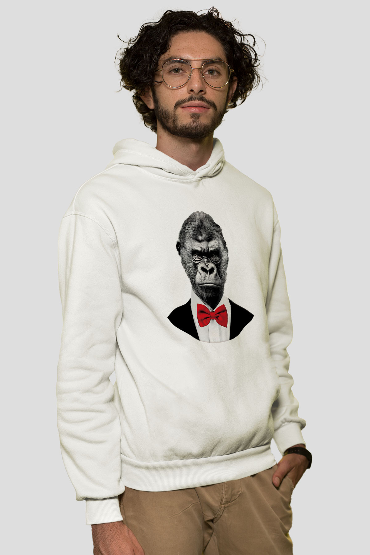 Goril Beyaz Unisex Kapşonlu Sweatshirt