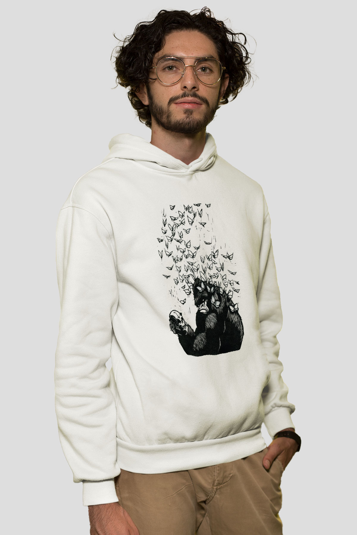 Goril Beyaz Unisex Kapşonlu Sweatshirt