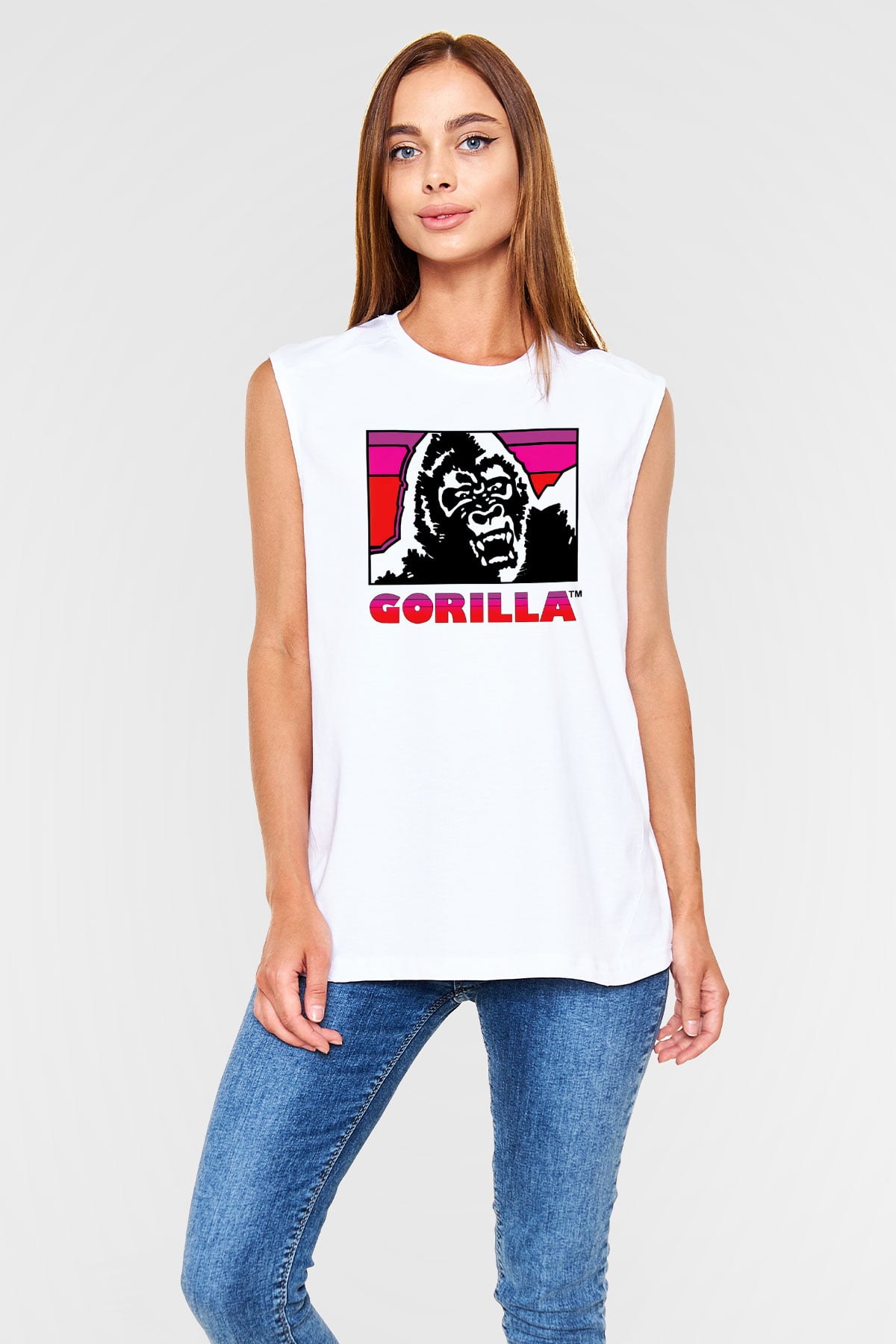Goril Beyaz Unisex Kolsuz Tişört