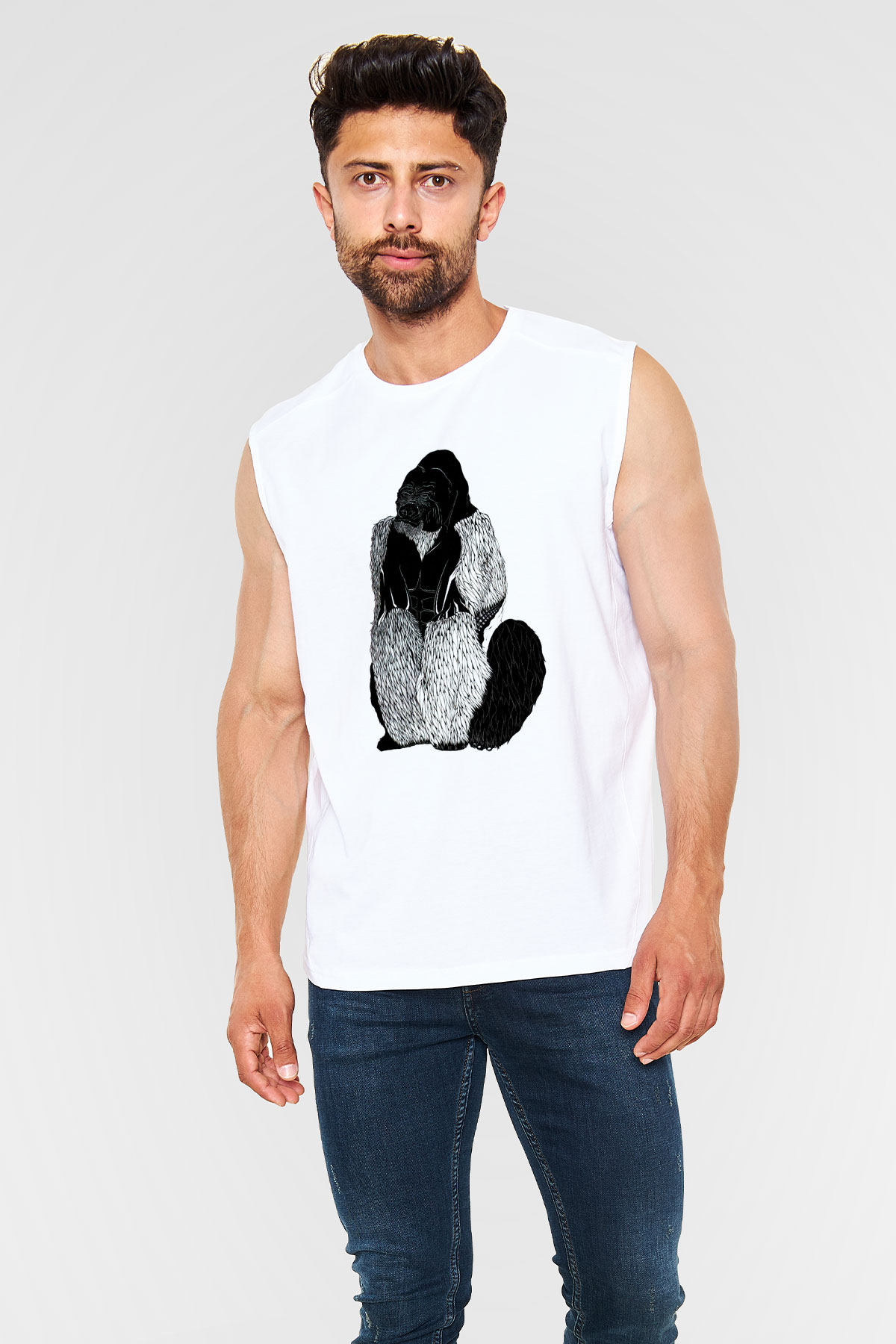 Goril Beyaz Unisex Kolsuz Tişört