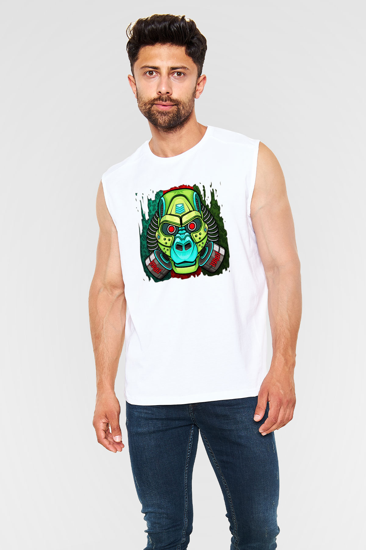 Goril Beyaz Unisex Kolsuz Tişört
