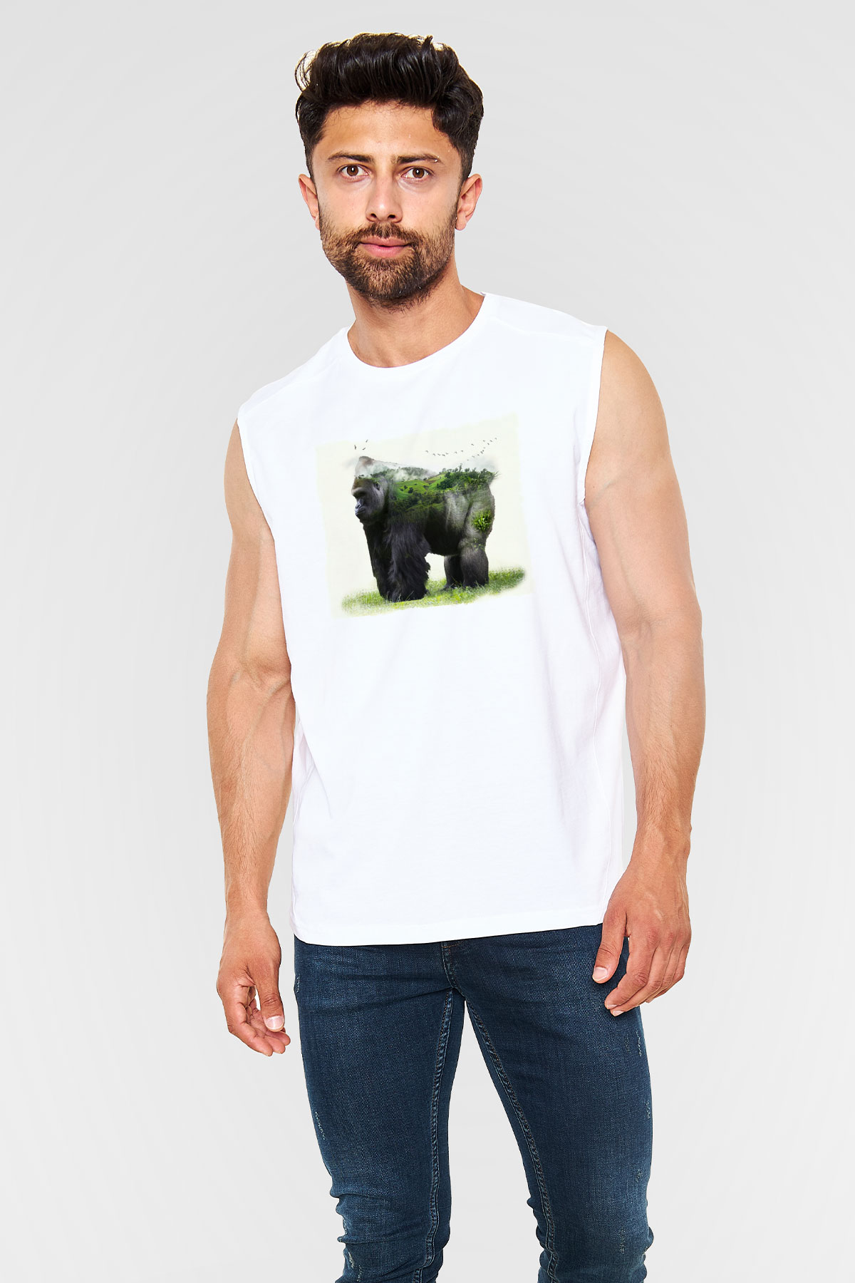 Goril Beyaz Unisex Kolsuz Tişört