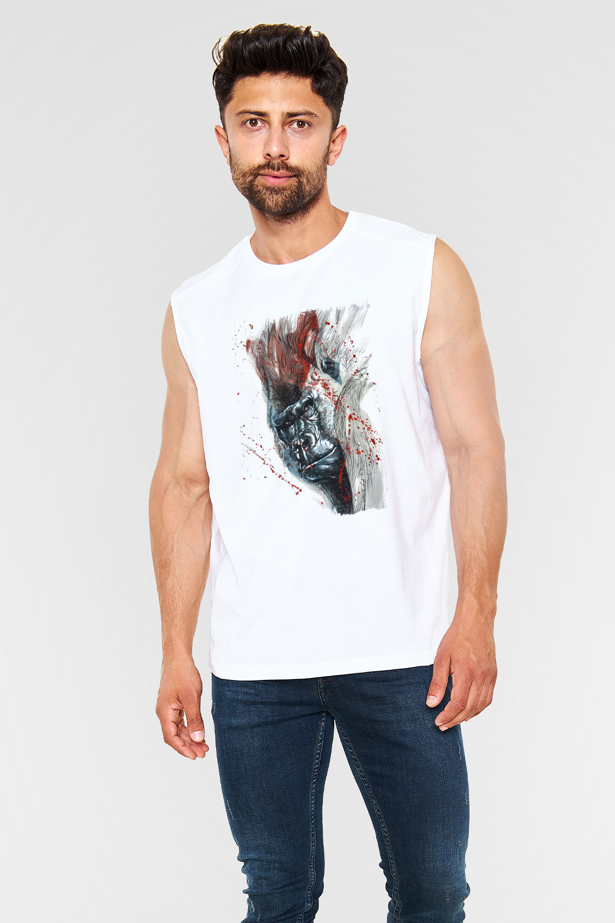 Goril Beyaz Unisex Kolsuz Tişört