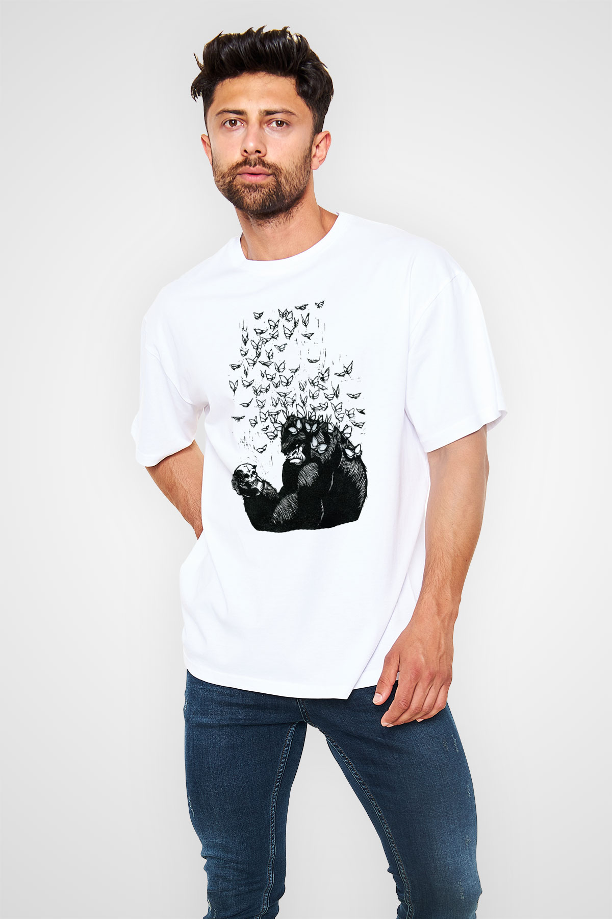 Goril Beyaz Unisex Oversize Tişört T-Shirt