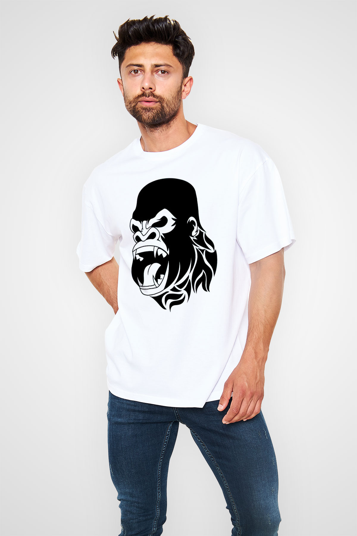 Goril Beyaz Unisex Tişört T-Shirt - TişörtFabrikası