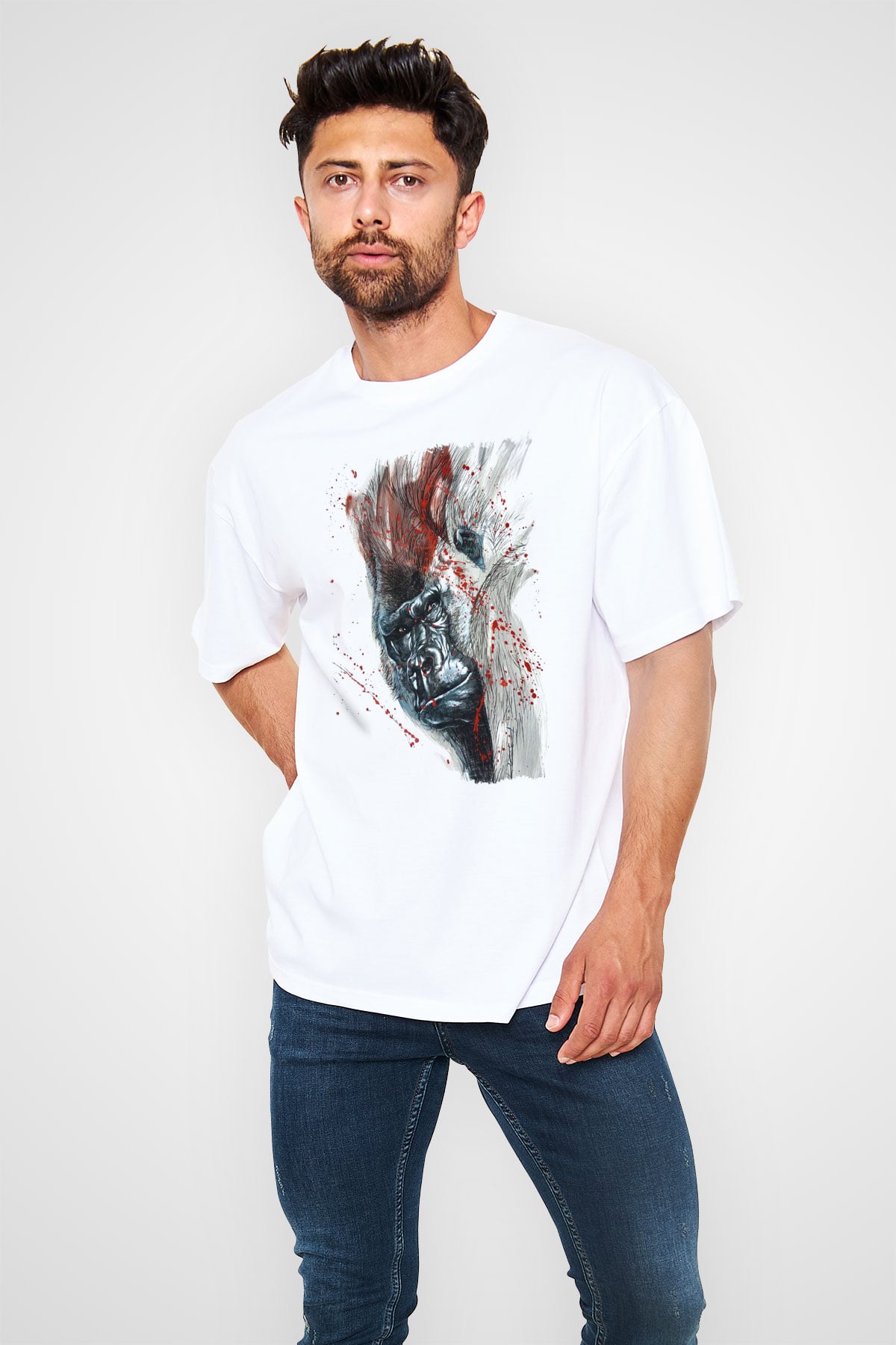 Goril Beyaz Unisex Tişört T-Shirt - TişörtFabrikası