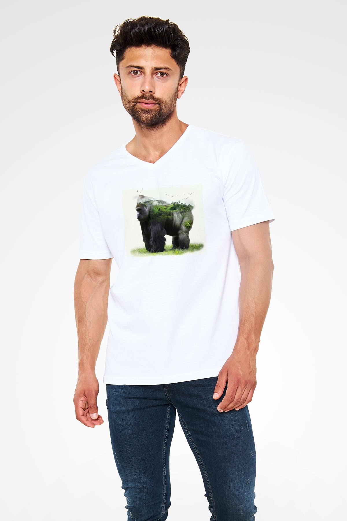 Goril Beyaz Unisex V Yaka Tişört