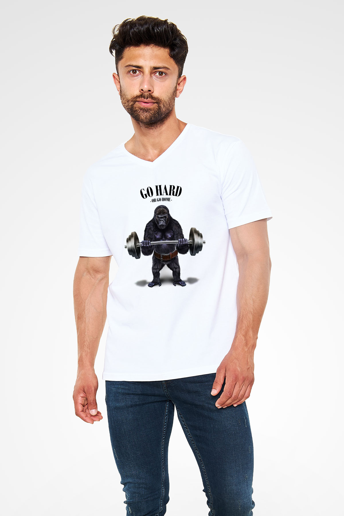 Goril Beyaz Unisex V Yaka Tişört