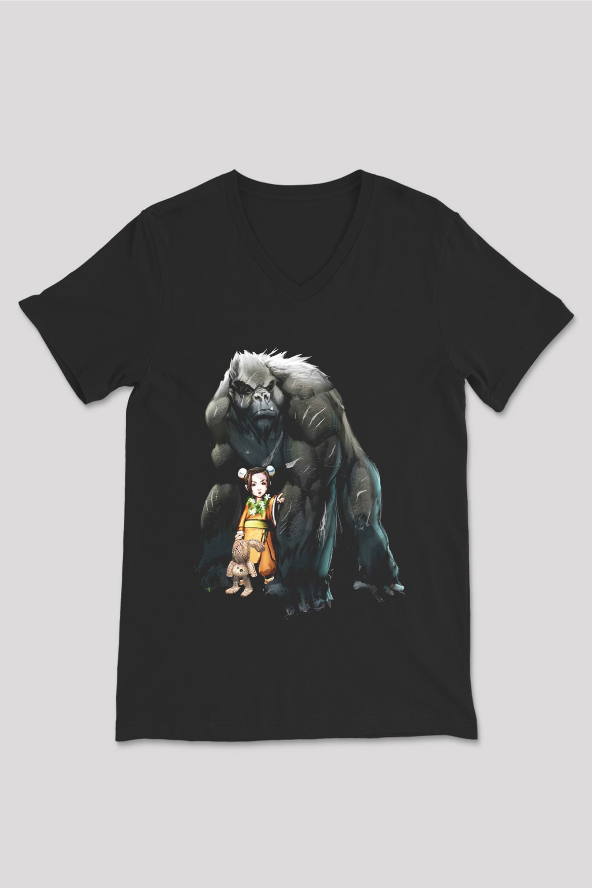 Goril Siyah Unisex V Yaka Tişört T-Shirt