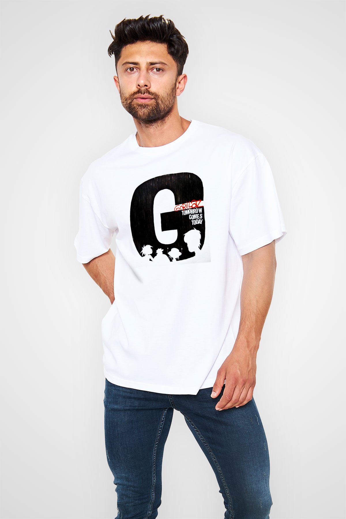 Gorillaz Baskılı Unisex Beyaz Oversize Tişört