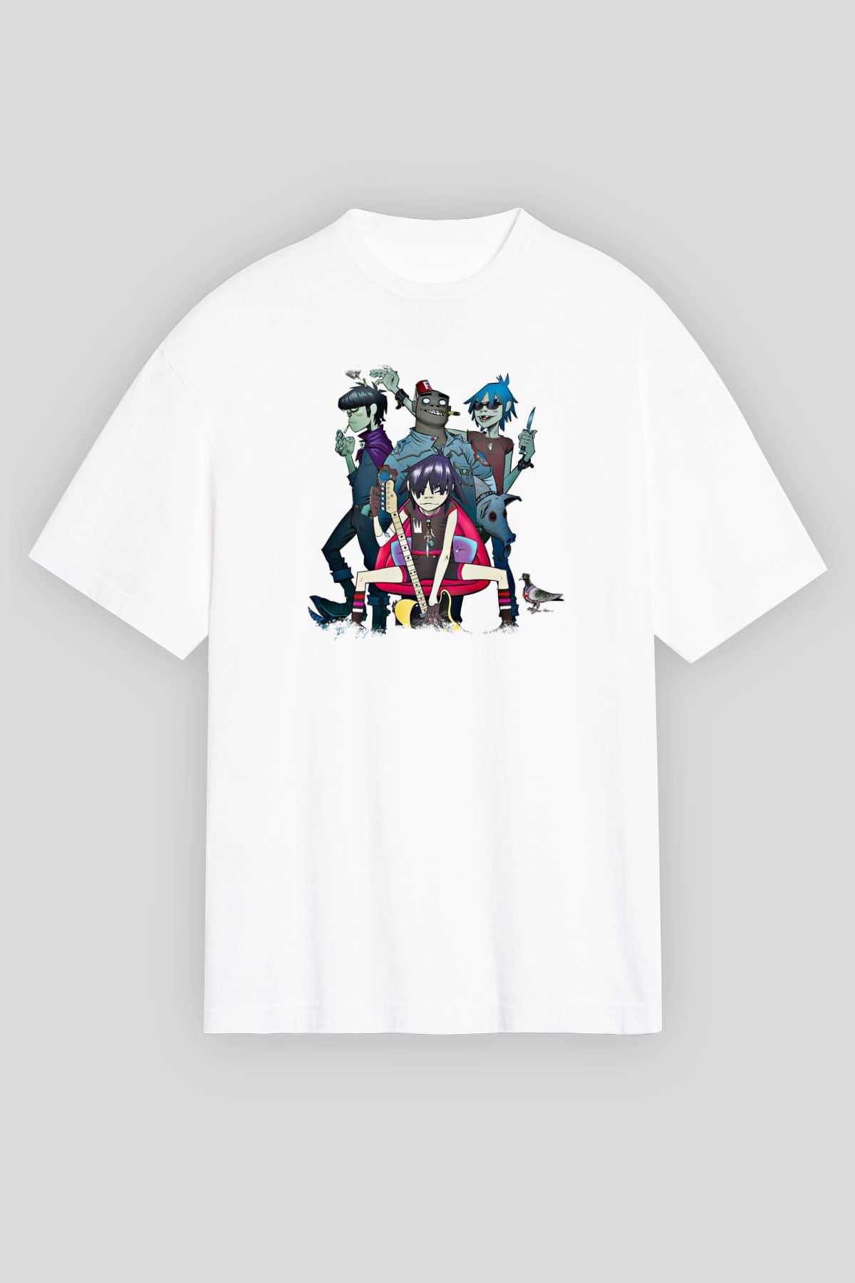 Gorillaz Baskılı Unisex Beyaz Oversize Tişört