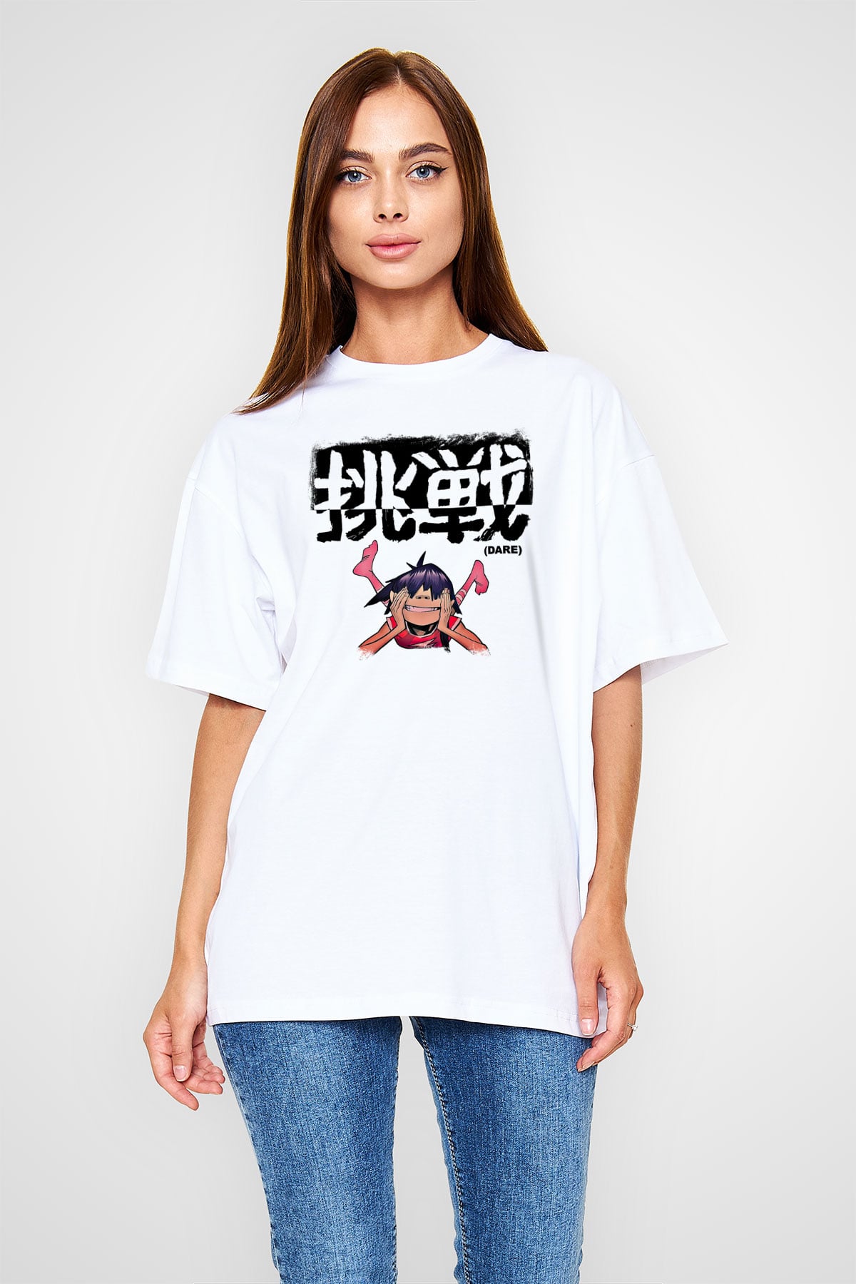 Gorillaz Baskılı Unisex Beyaz Oversize Tişört