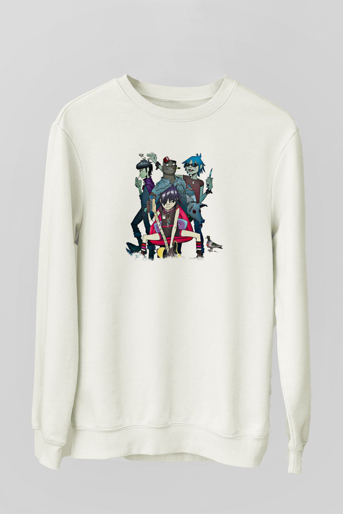 Gorillaz Baskılı Unisex Beyaz Sweatshirt