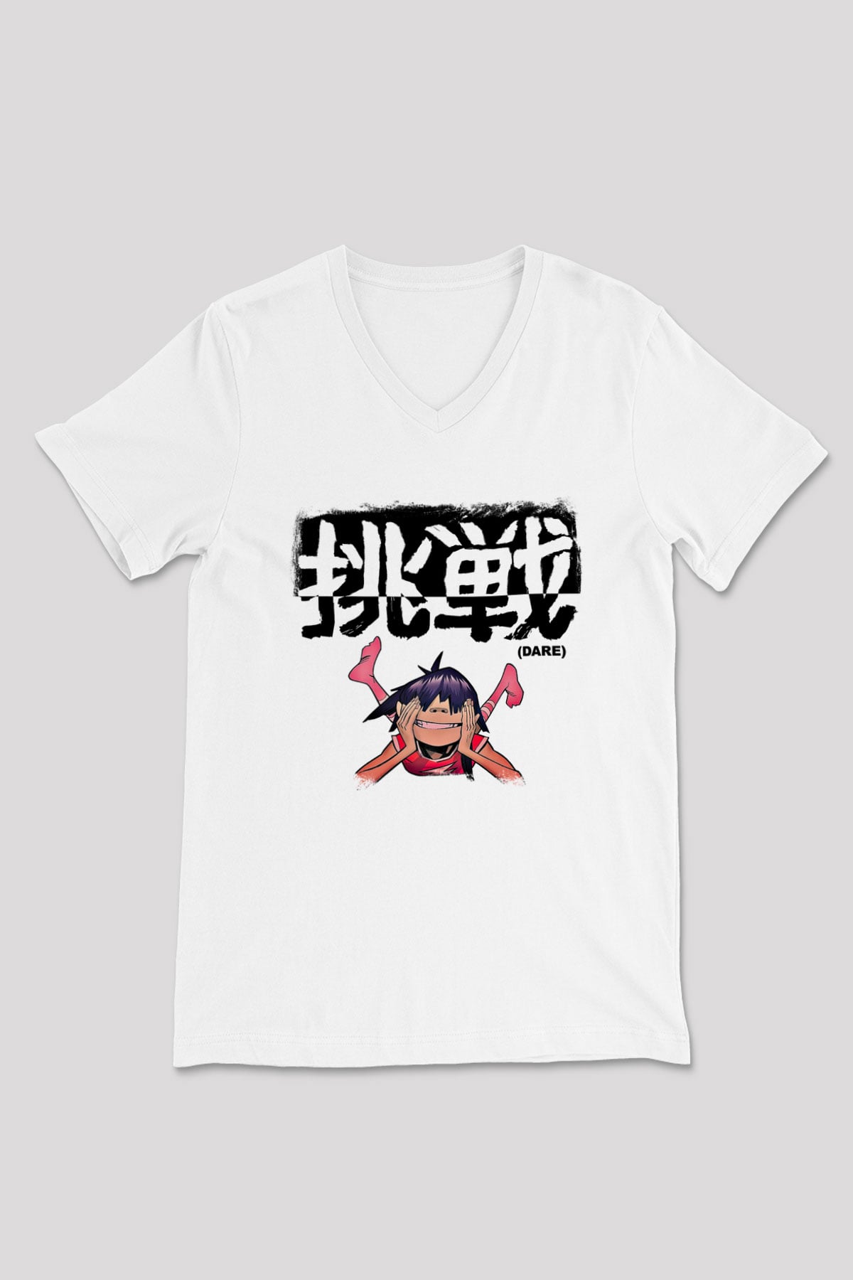Gorillaz Baskılı Unisex Beyaz V Yaka Tişört