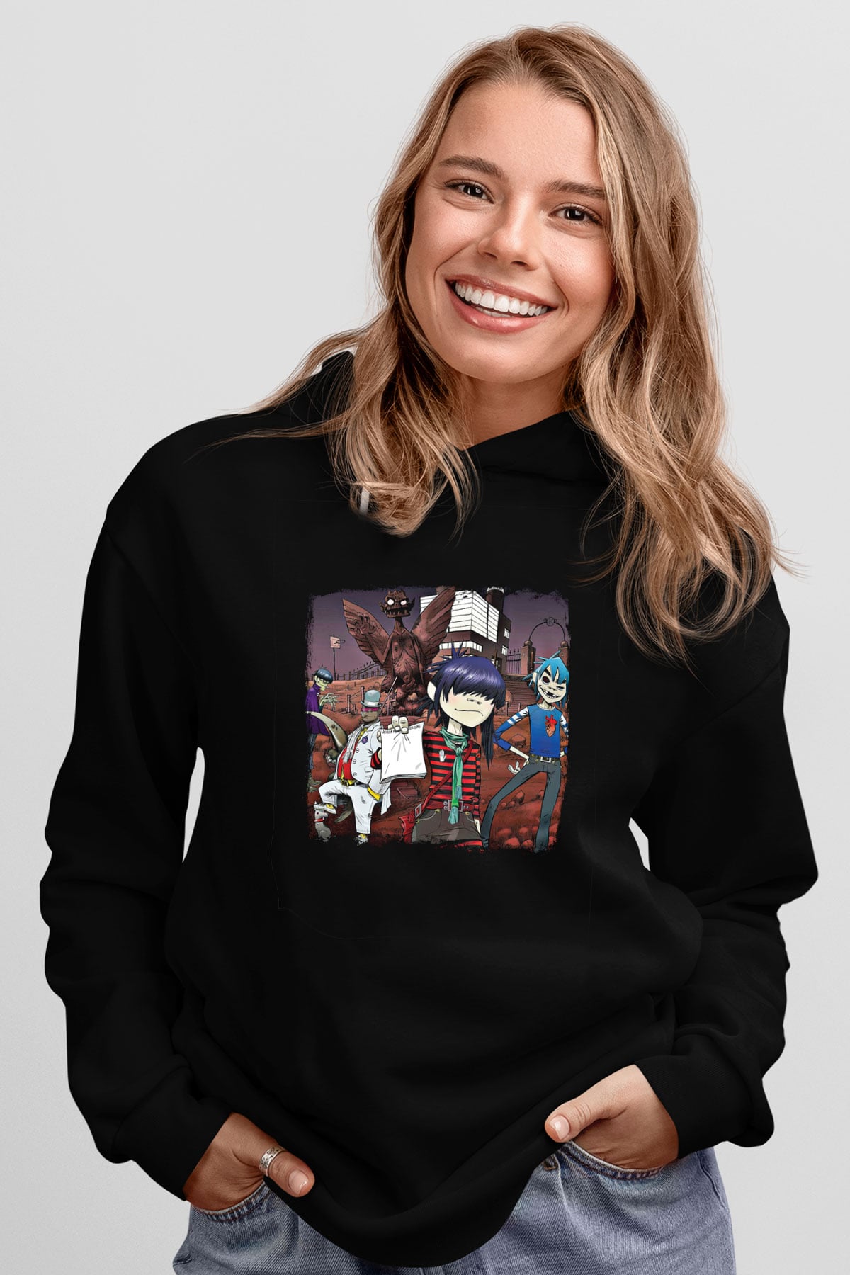 Gorillaz Baskılı Unisex Siyah Hoodie