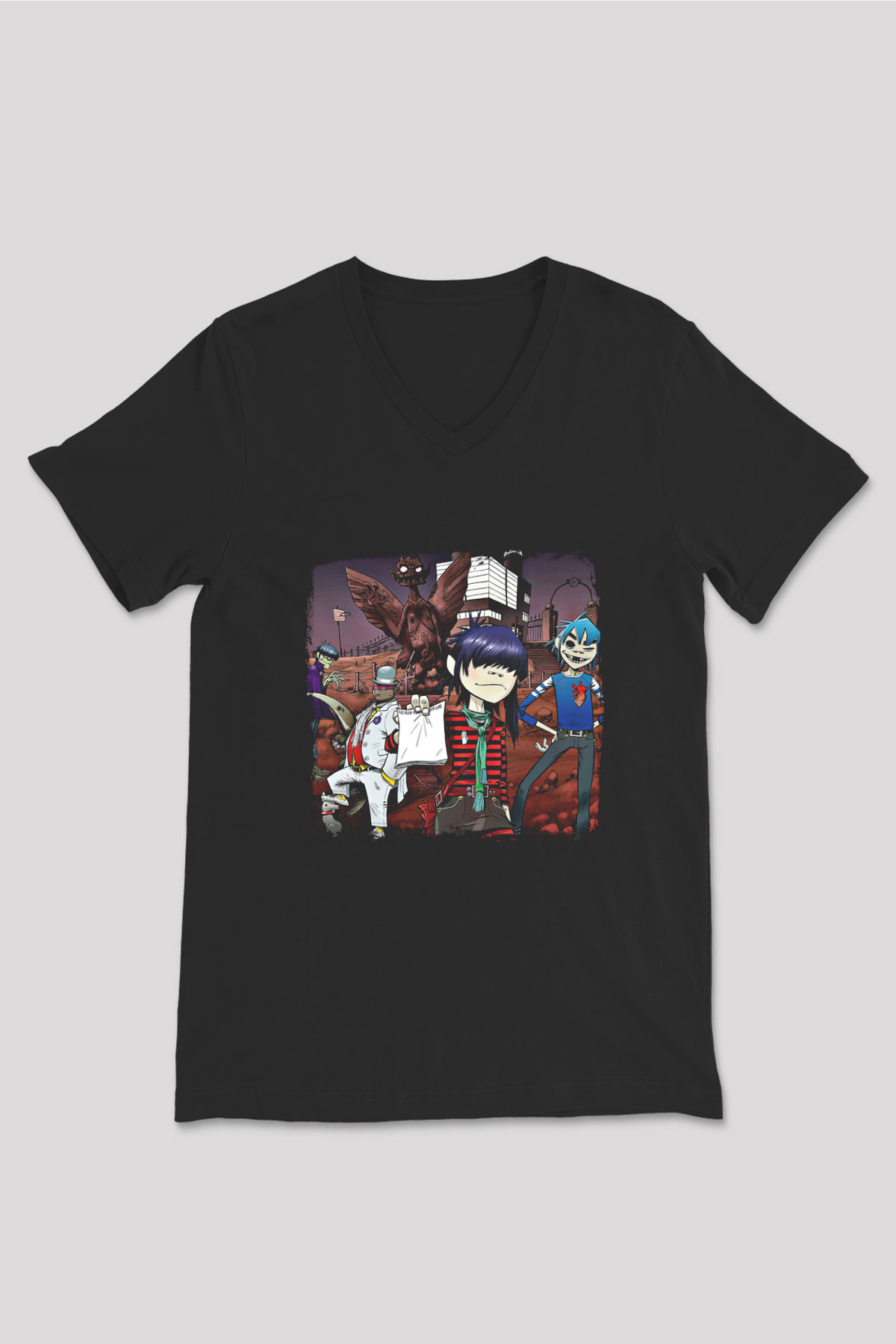 Gorillaz Baskılı Unisex Siyah V Yaka Tişört