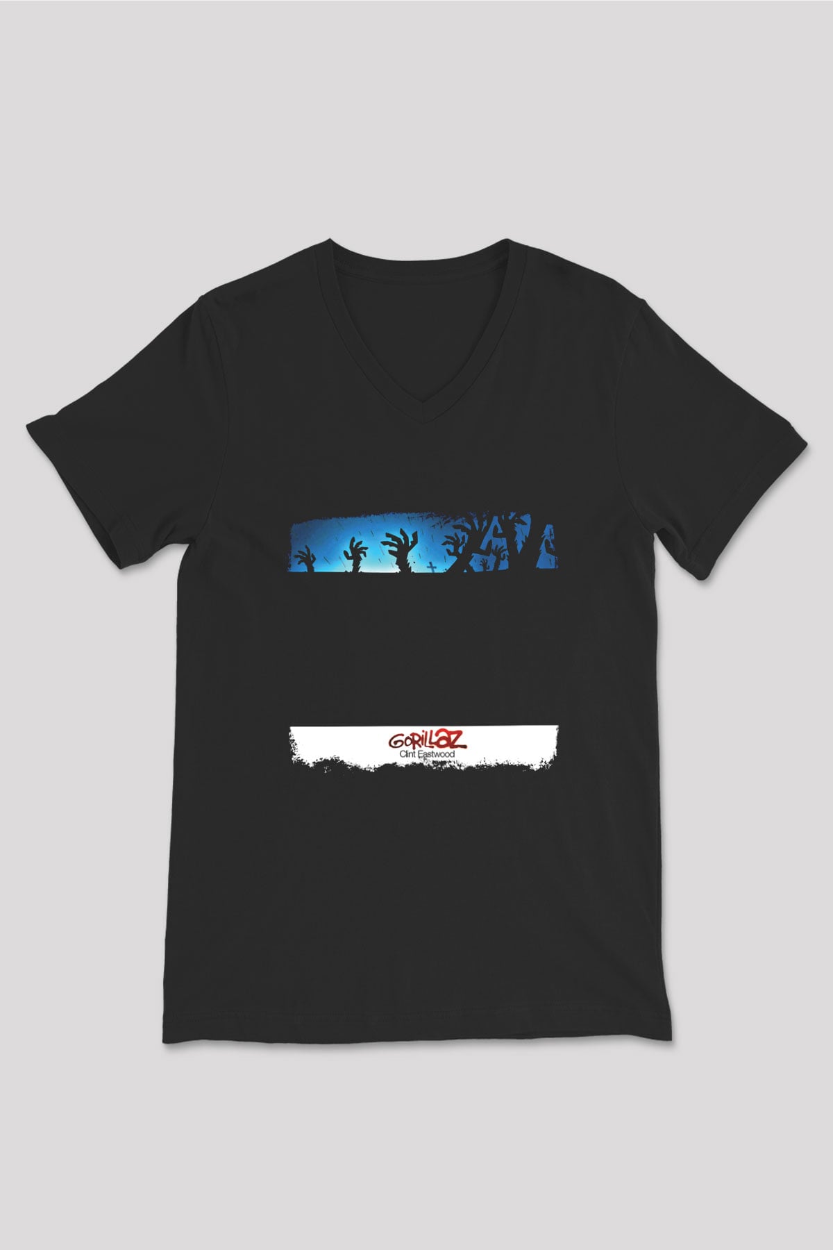 Gorillaz Baskılı Unisex Siyah V Yaka Tişört