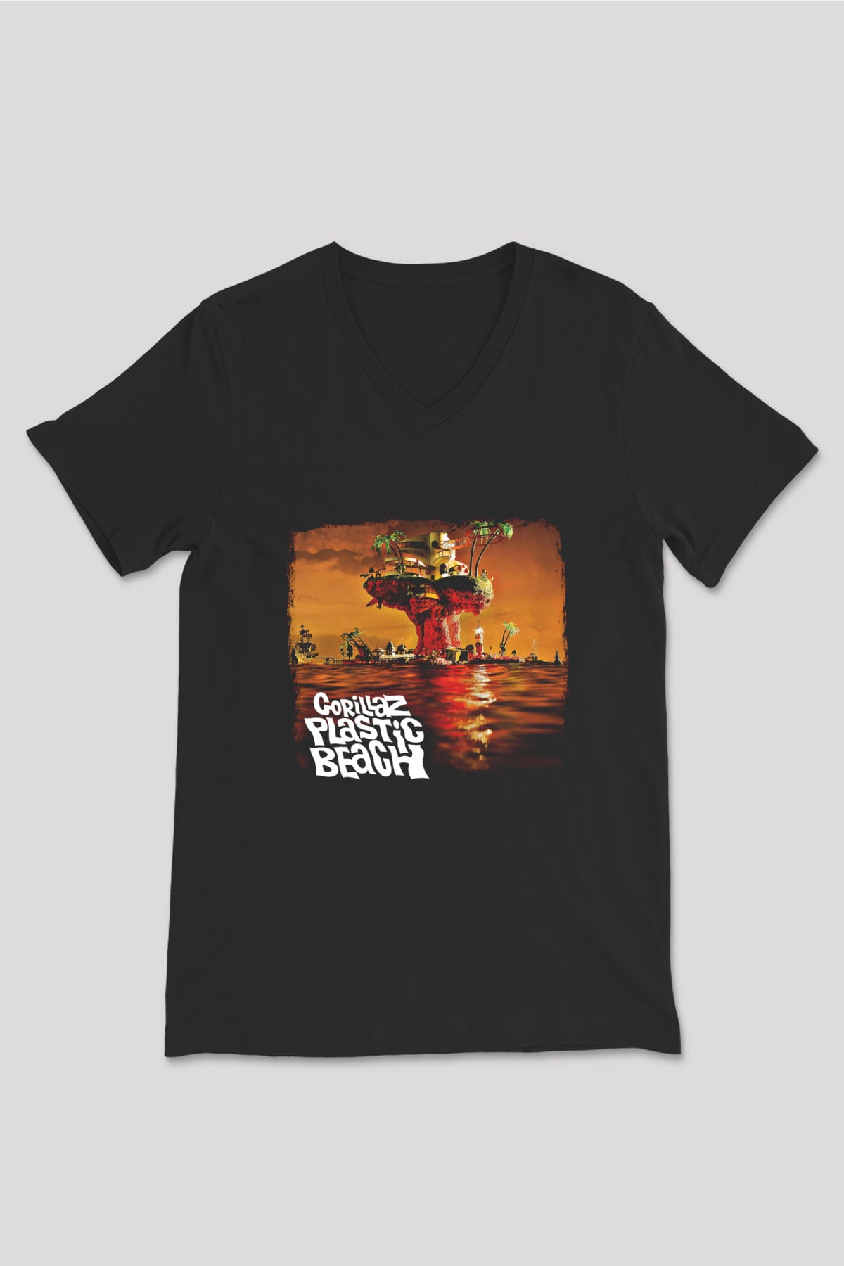 Gorillaz Baskılı Unisex Siyah V Yaka Tişört