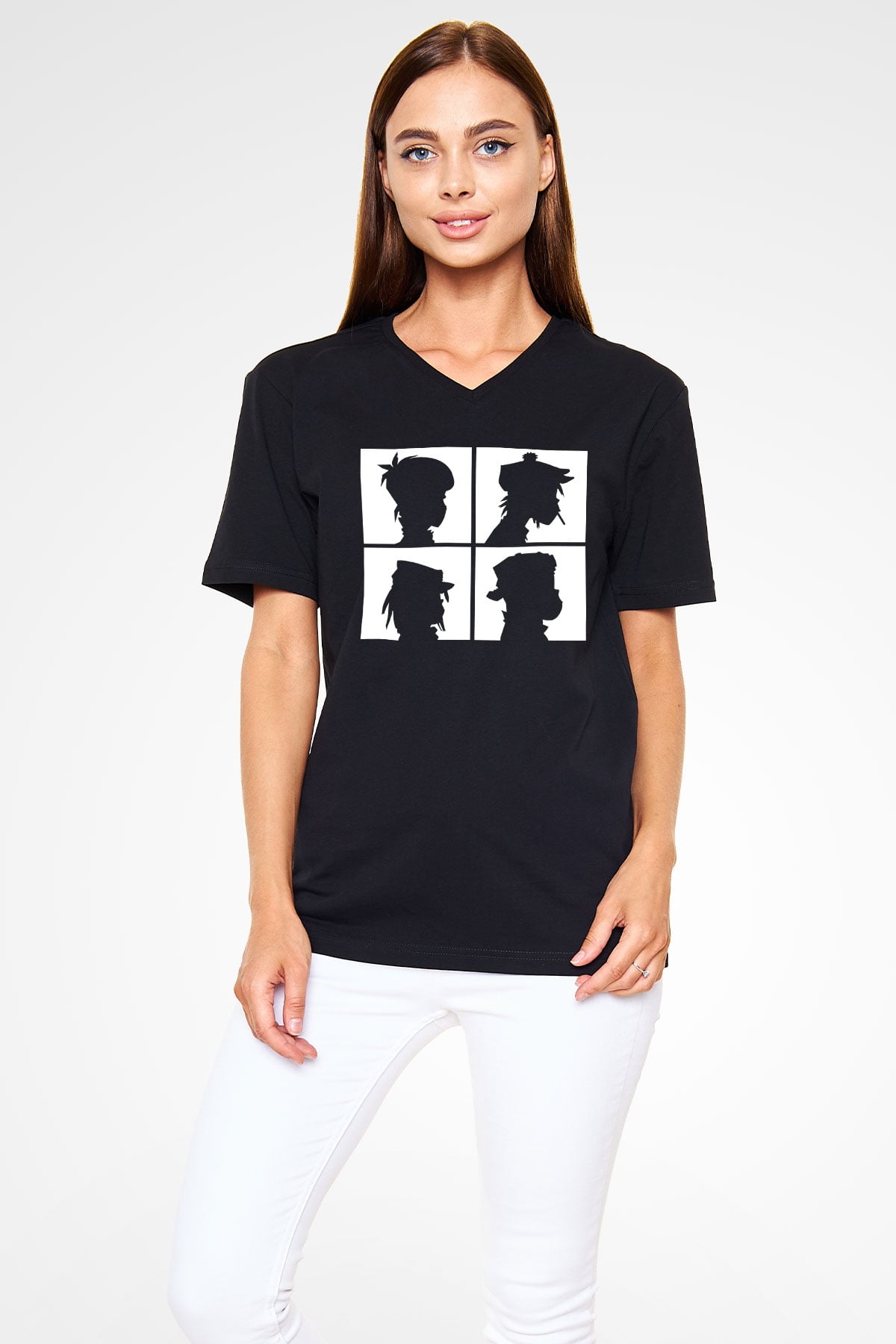 Gorillaz Siyah Unisex V Yaka Tişört T-Shirt