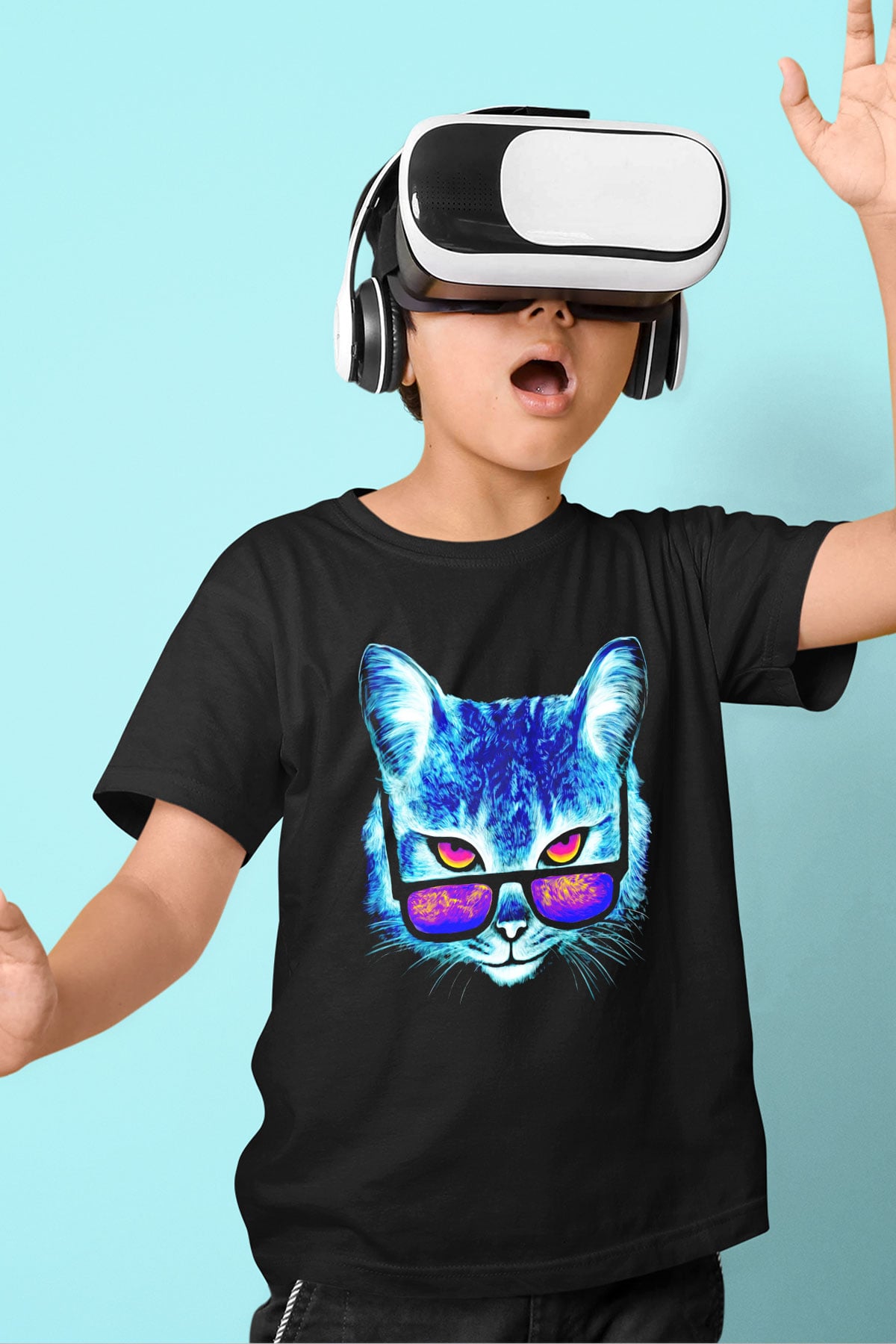 Gözlüklü Kedi Baskılı Unisex Siyah  Çocuk Tişört
