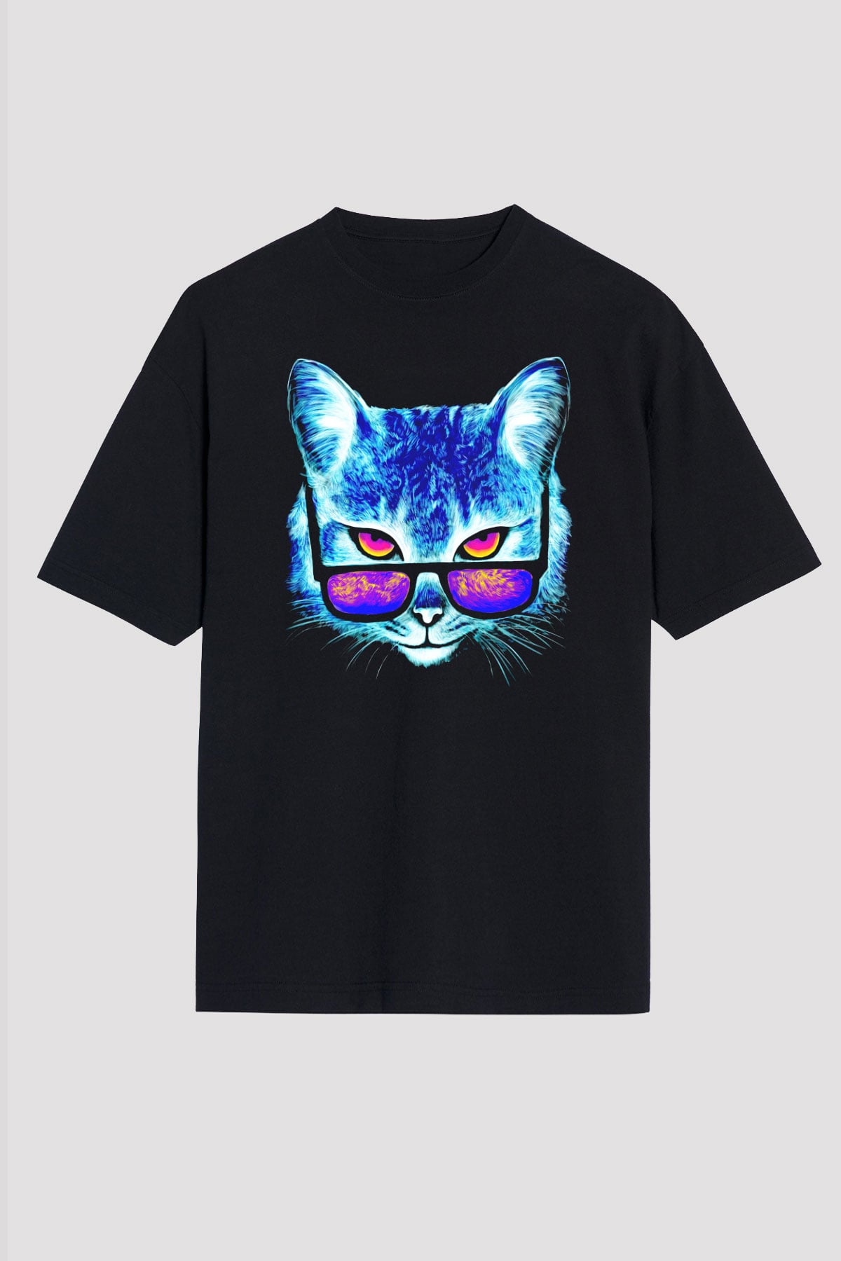 Gözlüklü Kedi Baskılı Unisex Siyah Tişört