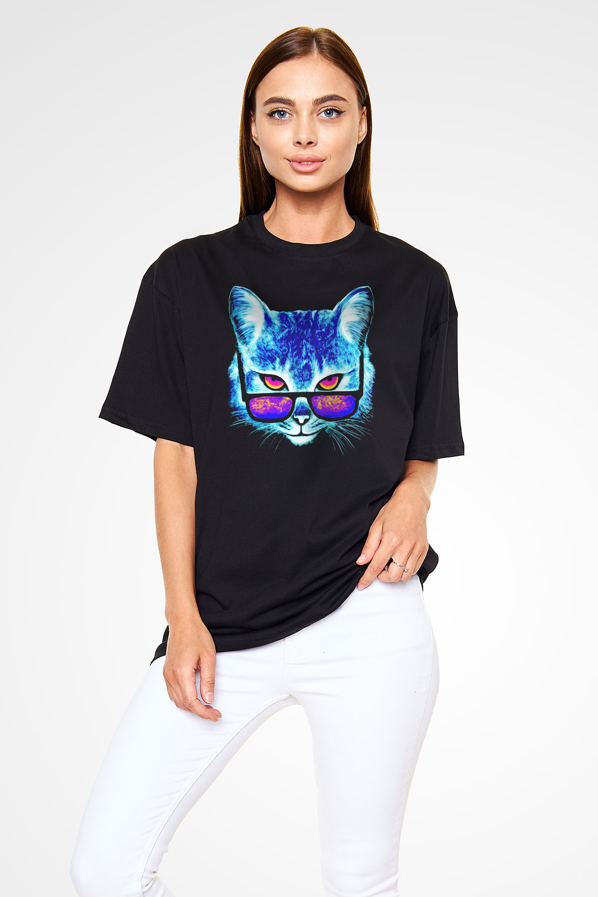 Gözlüklü Kedi Baskılı Unisex Siyah Tişört
