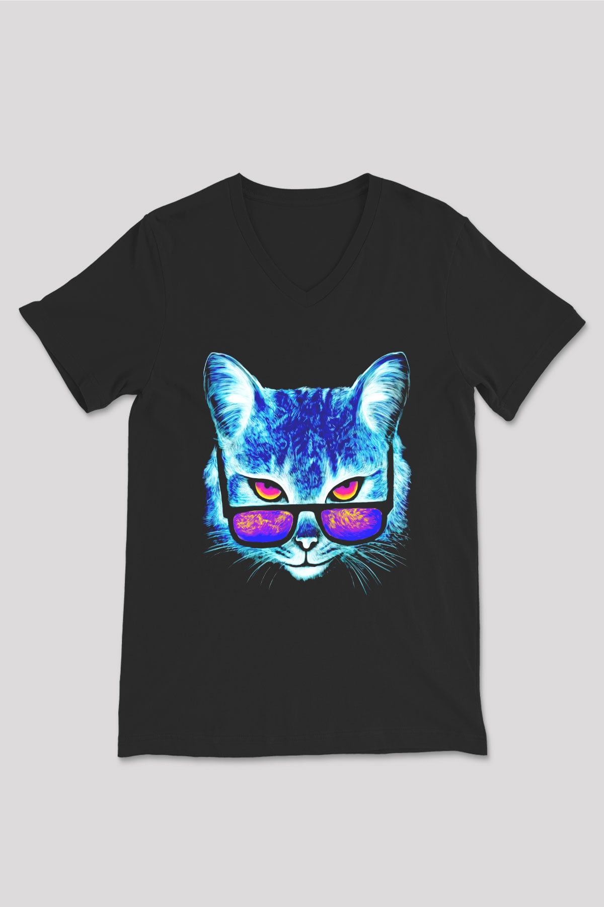 Gözlüklü Kedi Baskılı Unisex Siyah  V Yaka Tişört