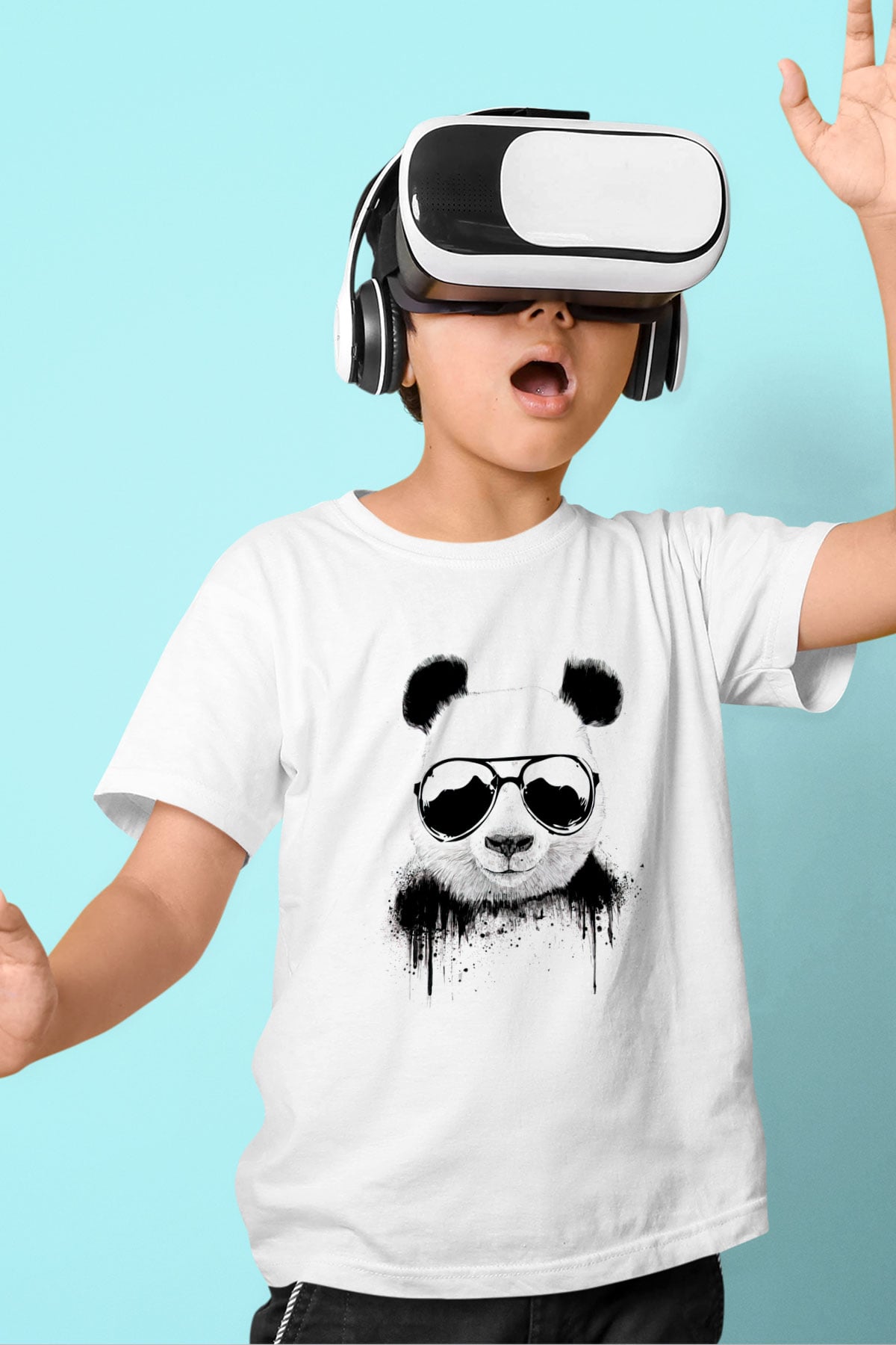 Gözlüklü Panda Baskılı Unisex Beyaz  Çocuk Tişört
