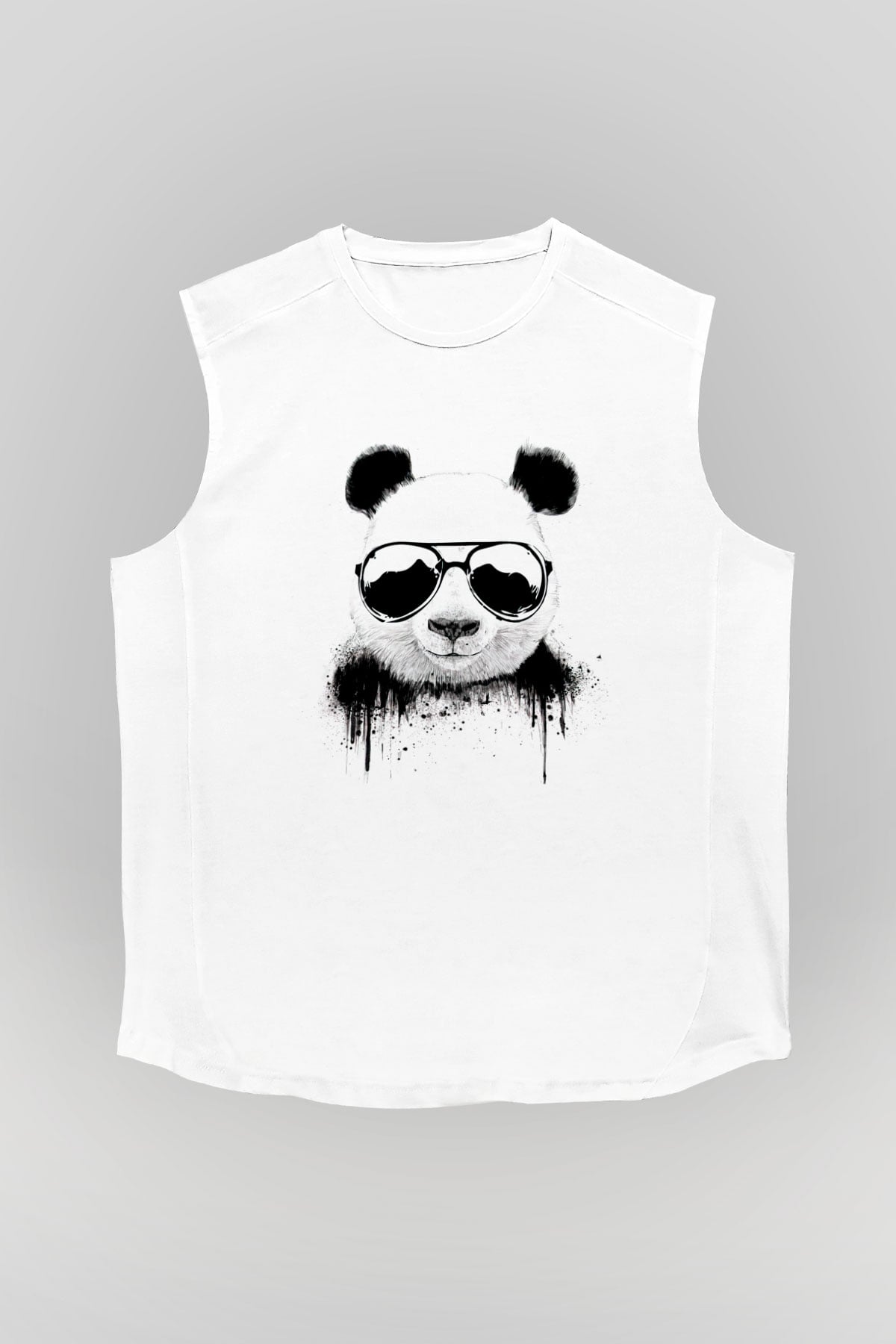 Gözlüklü Panda Baskılı Unisex Beyaz  Kolsuz Tişört