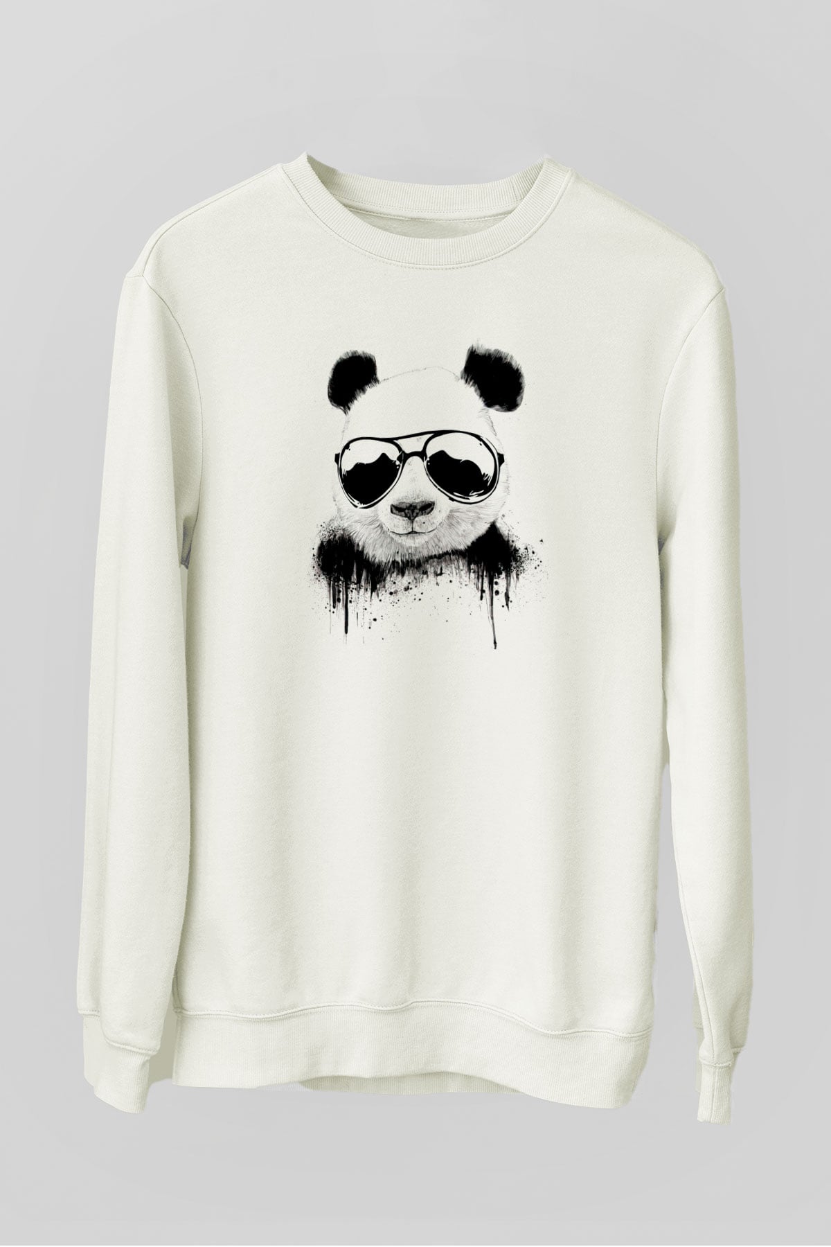 Gözlüklü Panda Baskılı Unisex Beyaz  Sweatshirt