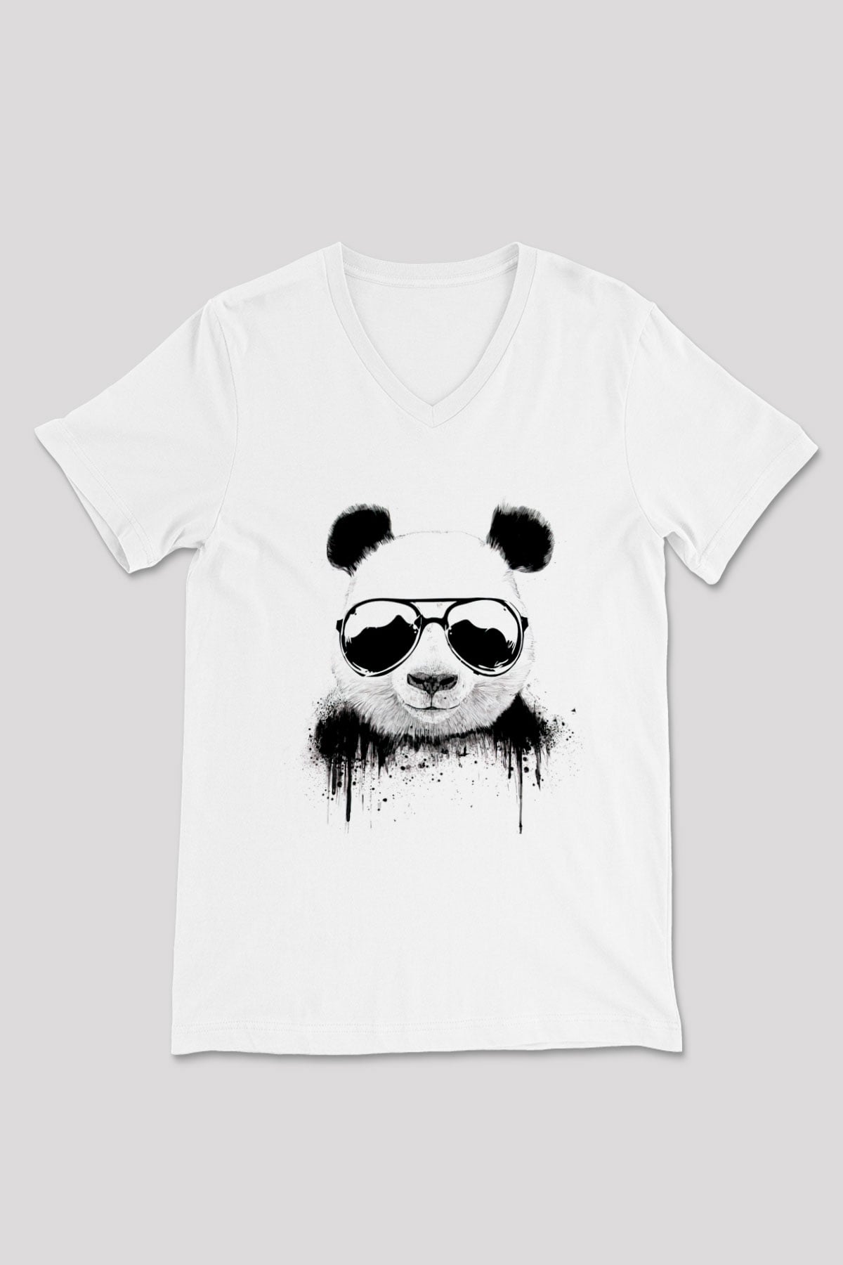 Gözlüklü Panda Baskılı Unisex Beyaz  V Yaka Tişört