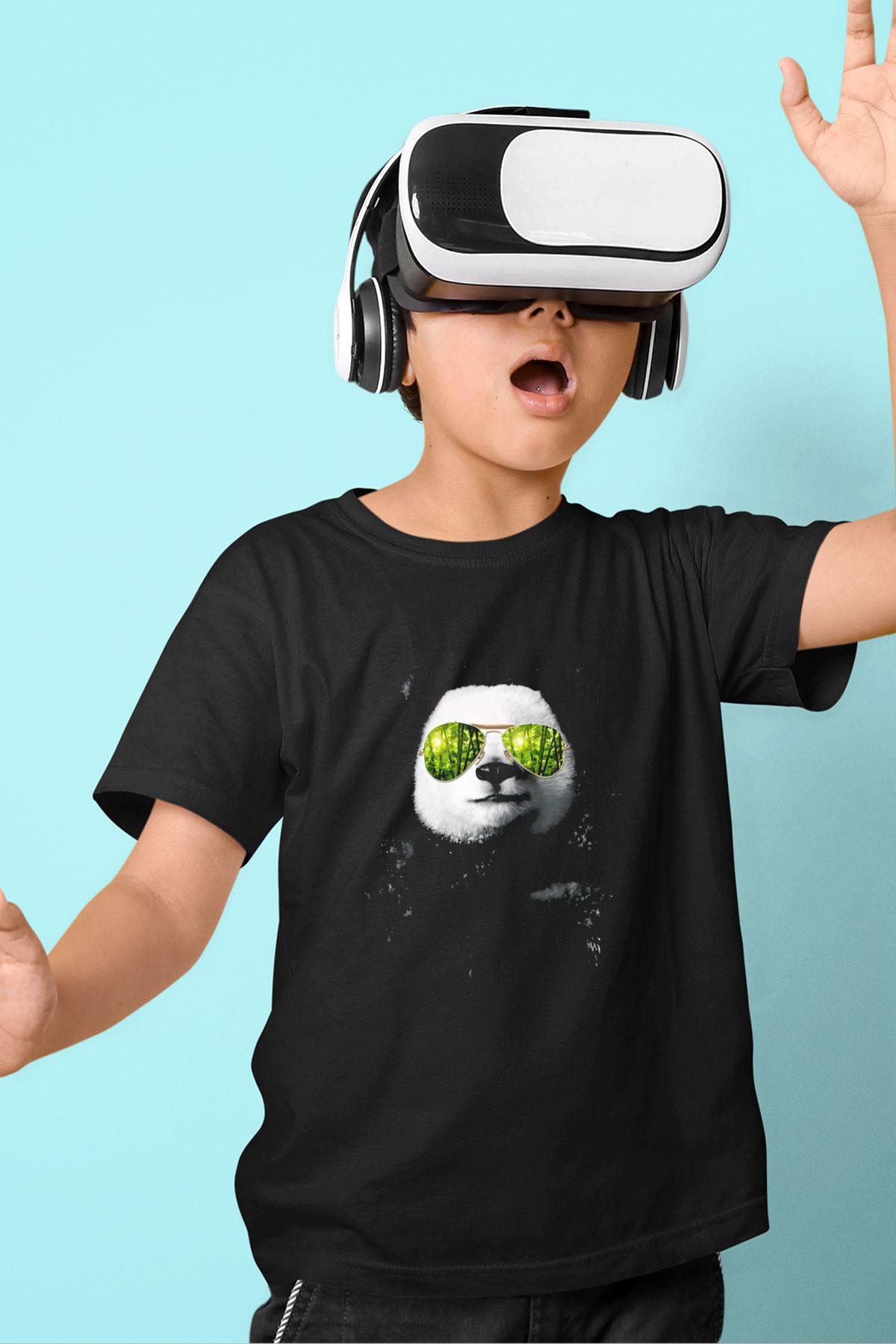 Gözlüklü Panda Baskılı Unisex Siyah  Çocuk Tişört