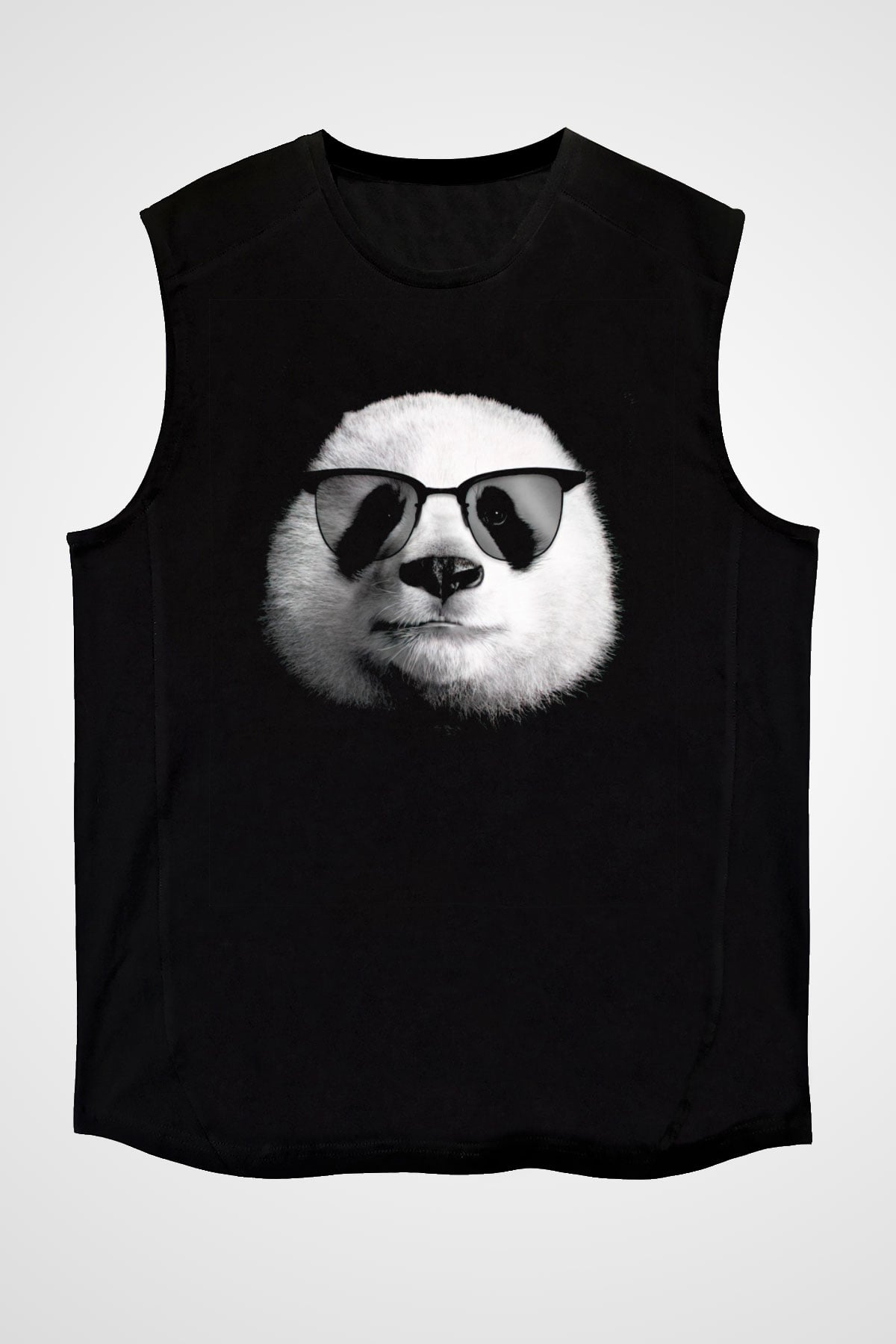 Gözlüklü Panda Baskılı Unisex Siyah  Kolsuz Tişört