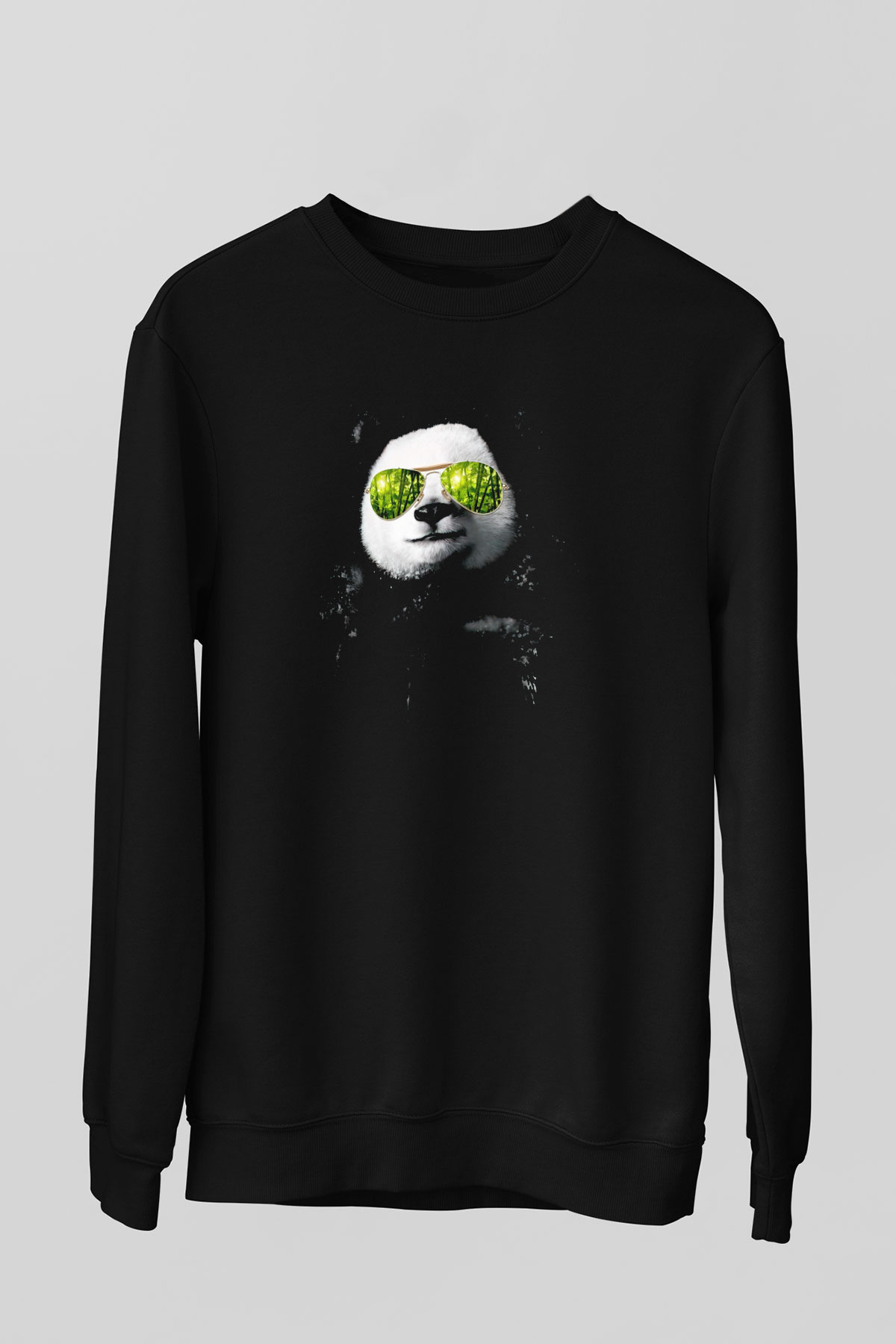 Gözlüklü Panda Baskılı Unisex Siyah  Sweatshirt