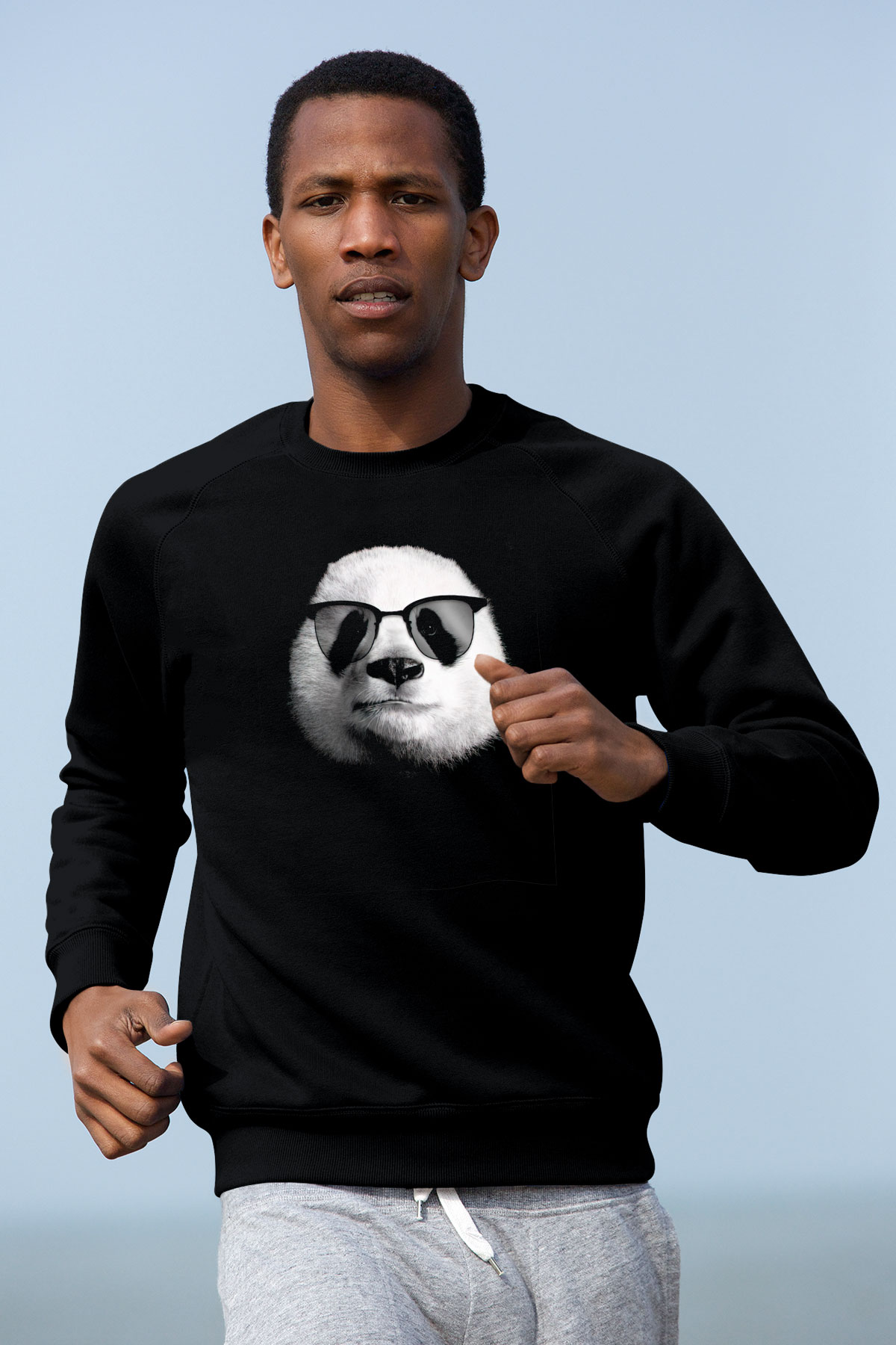 Gözlüklü Panda Baskılı Unisex Siyah  Sweatshirt
