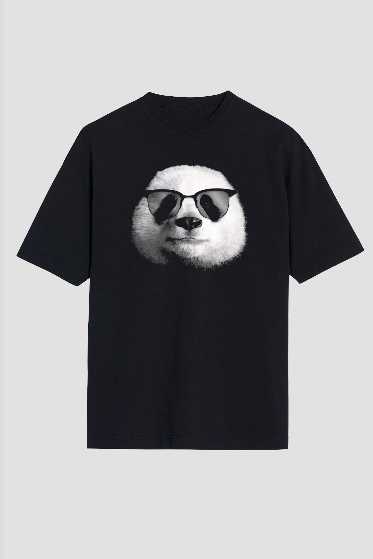 Gözlüklü Panda Baskılı Unisex Siyah Tişört