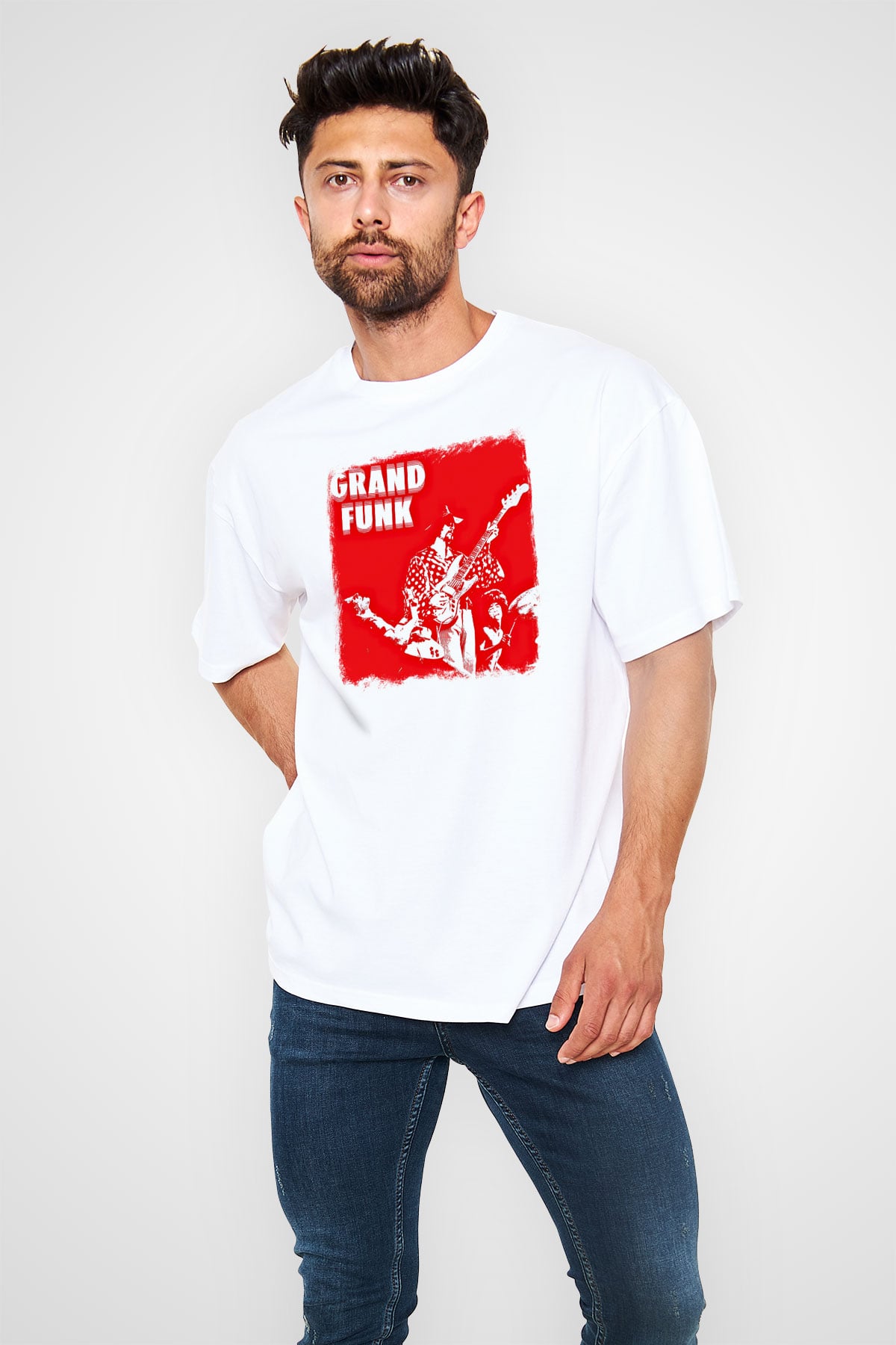 Grand Funk Railroad Baskılı Unisex Beyaz Oversize Tişört