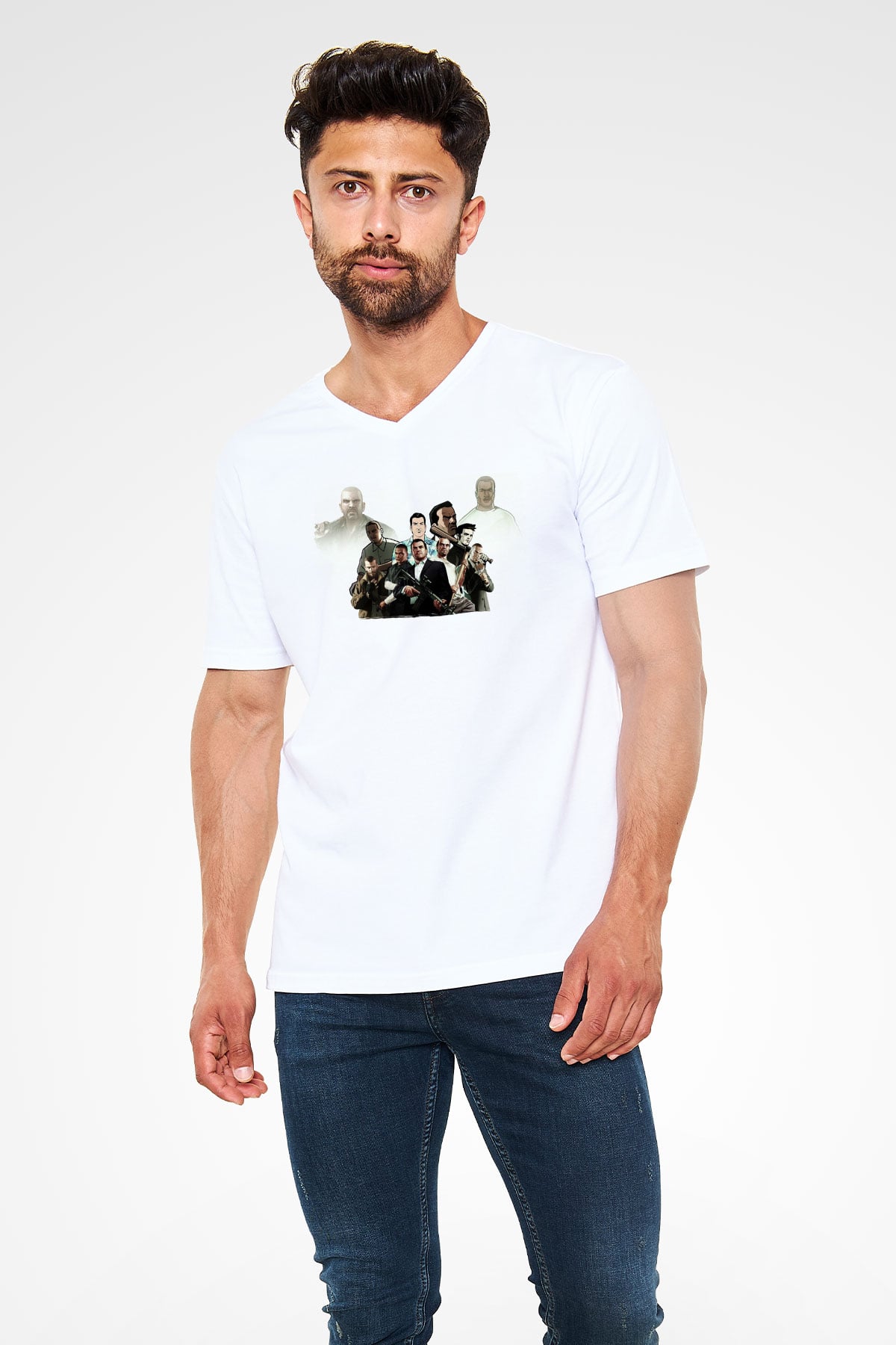 Grand Theft Auto Beyaz Unisex V Yaka Tişört