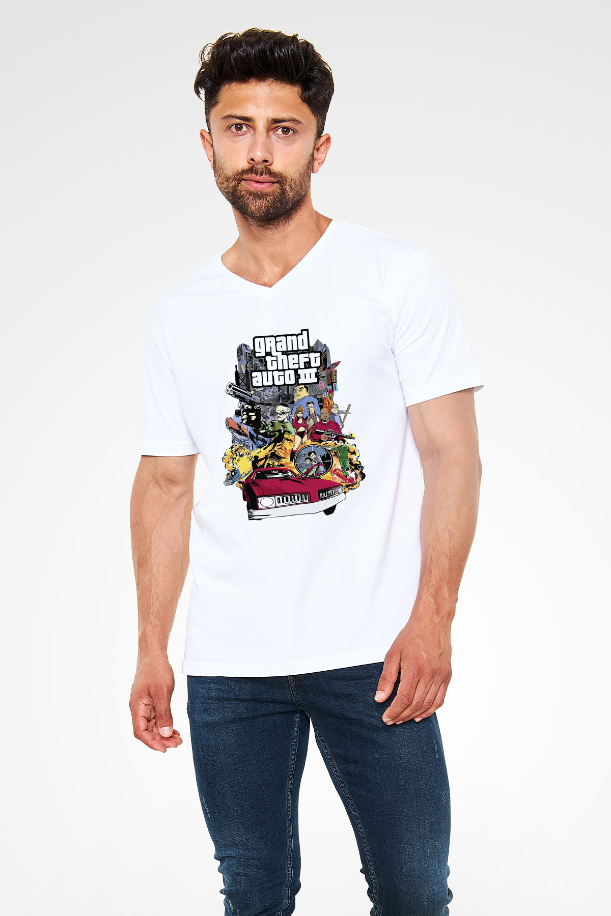 Grand Theft Auto Beyaz Unisex V Yaka Tişört